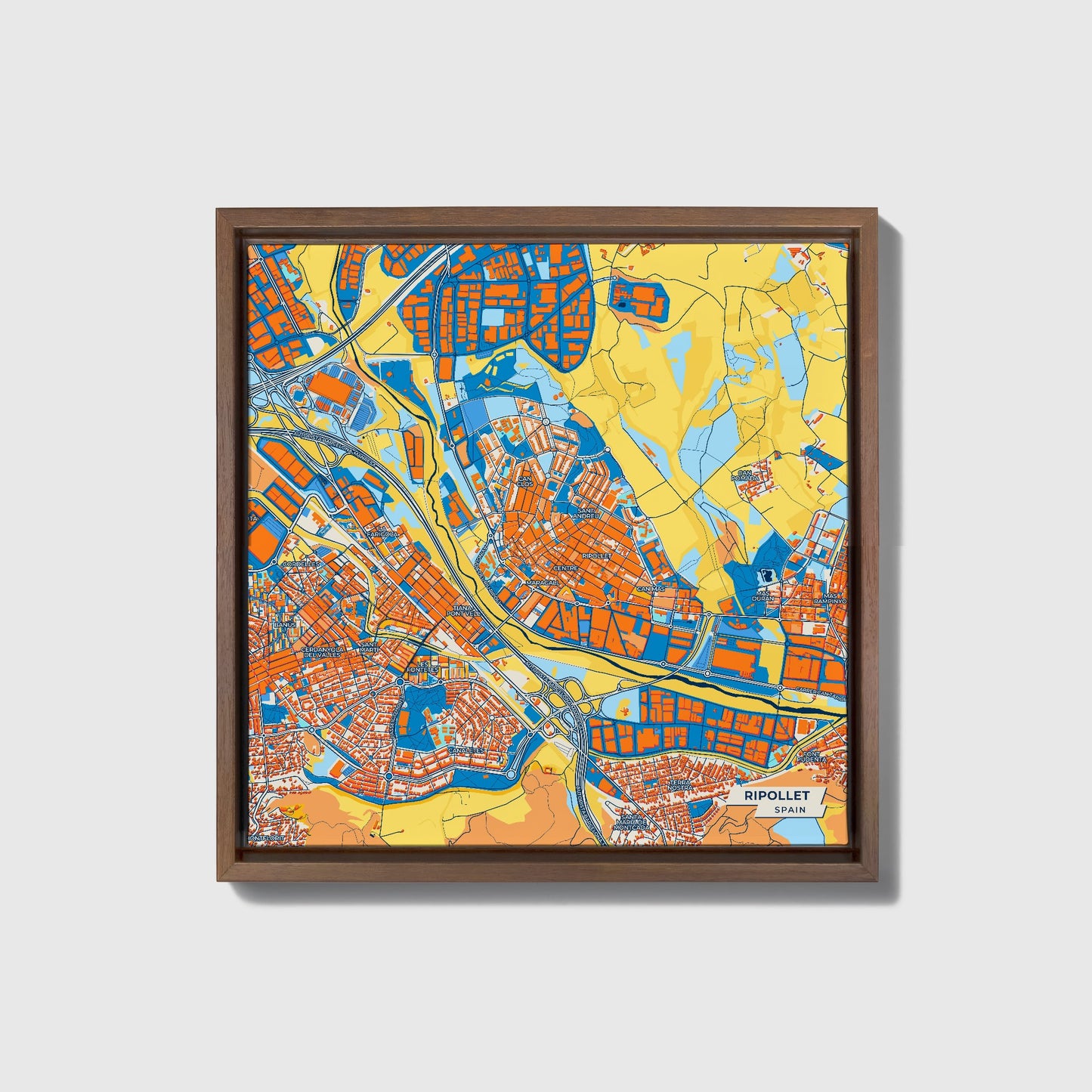 Ripollet Spain Colorful City Map Canvas Print • Dark Wooden Framed