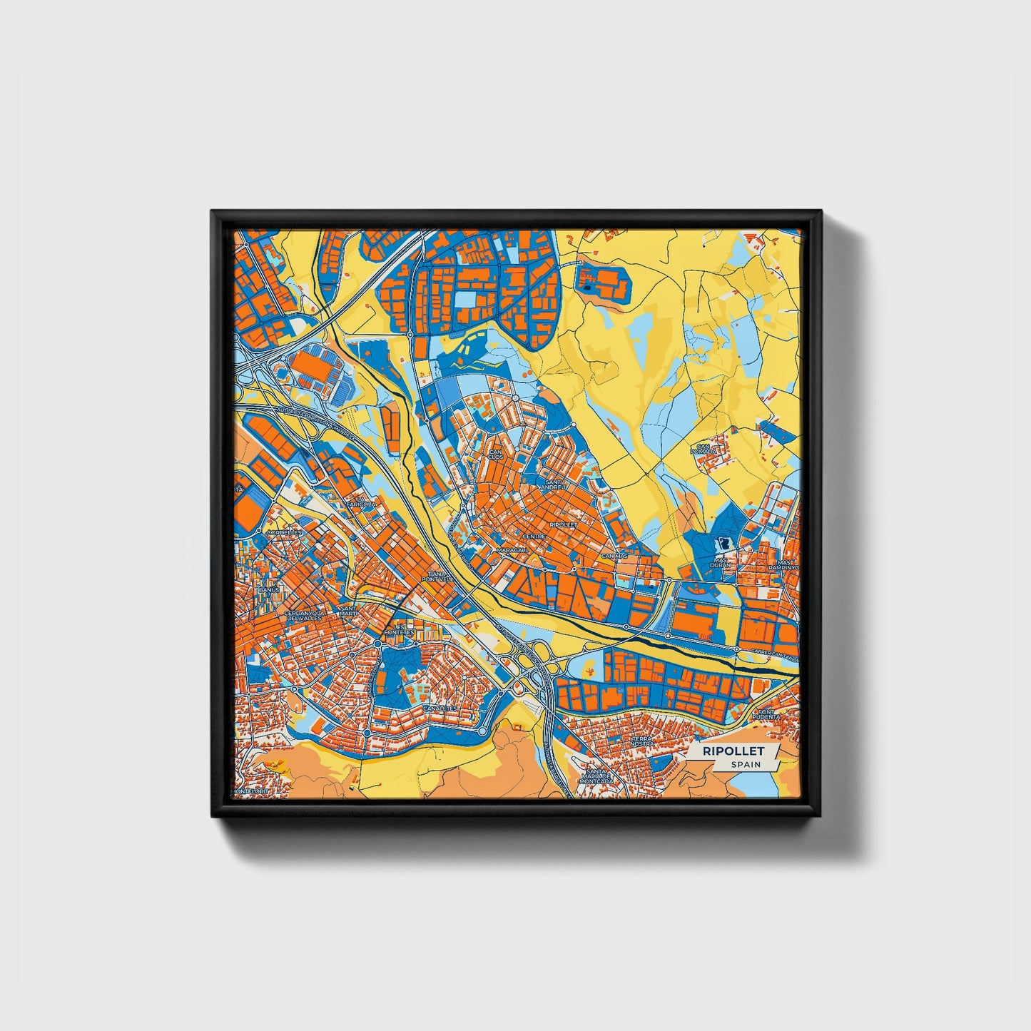 Ripollet Spain Colorful City Map Canvas Print • Black Framed