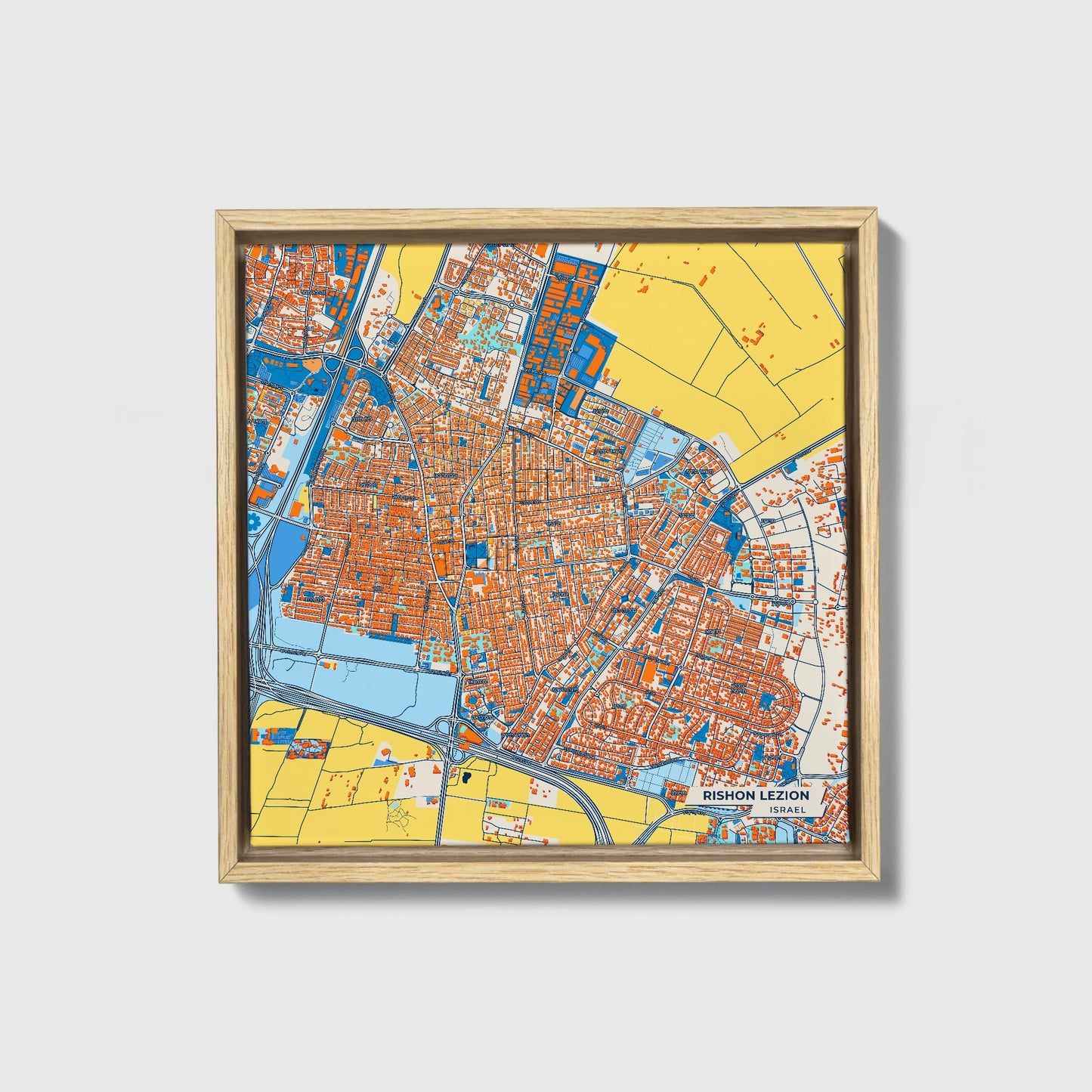 Rishon Lezion Israel Colorful City Map Canvas Print • Natural Wooden Framed