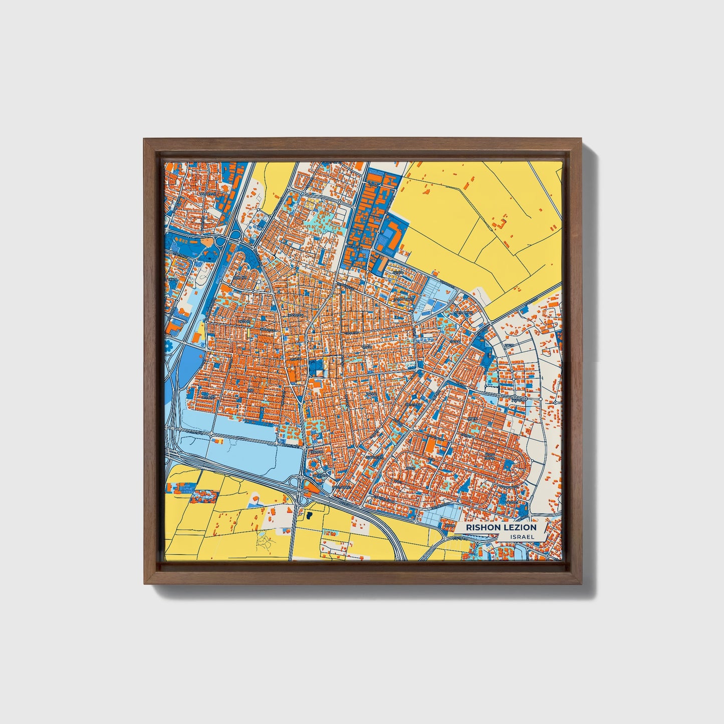 Rishon Lezion Israel Colorful City Map Canvas Print • Dark Wooden Framed
