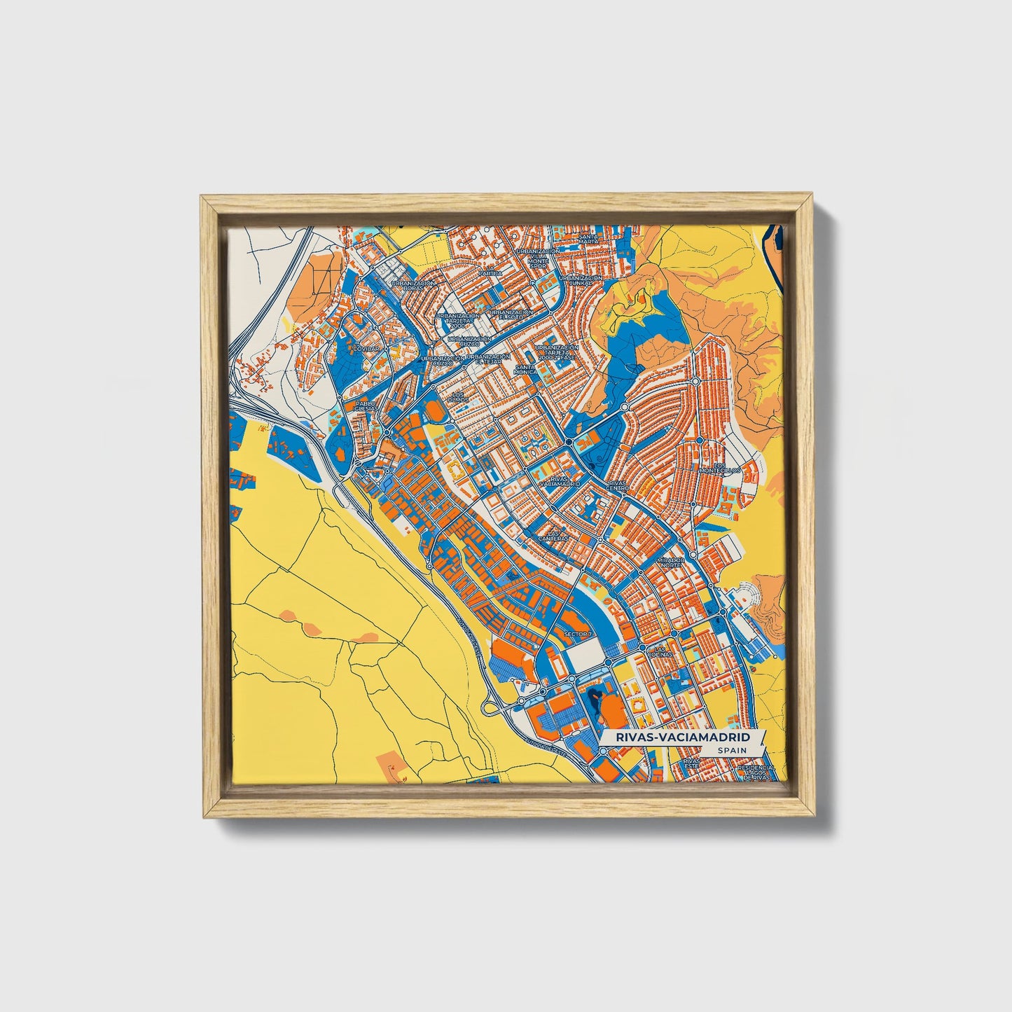 Rivas-Vaciamadrid Spain Colorful City Map Canvas Print • Natural Wooden Framed