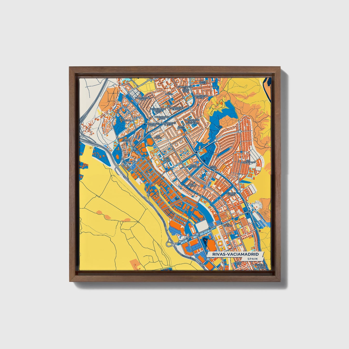 Rivas-Vaciamadrid Spain Colorful City Map Canvas Print • Dark Wooden Framed