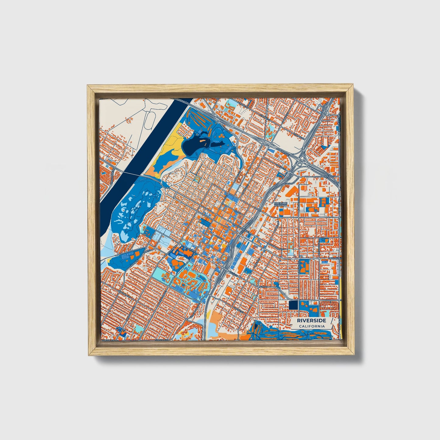 Riverside California Colorful City Map Canvas Print • Natural Wooden Framed