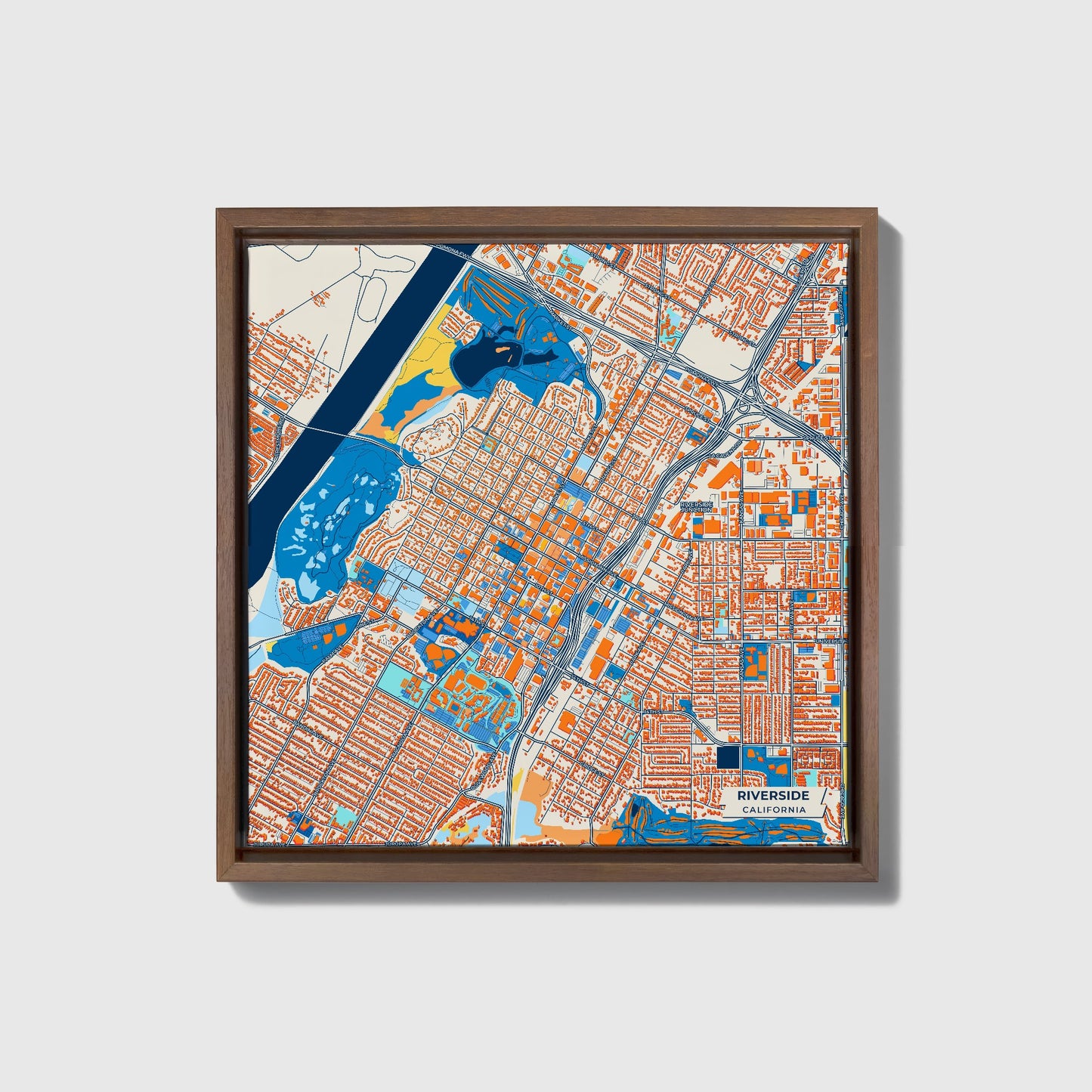 Riverside California Colorful City Map Canvas Print • Dark Wooden Framed