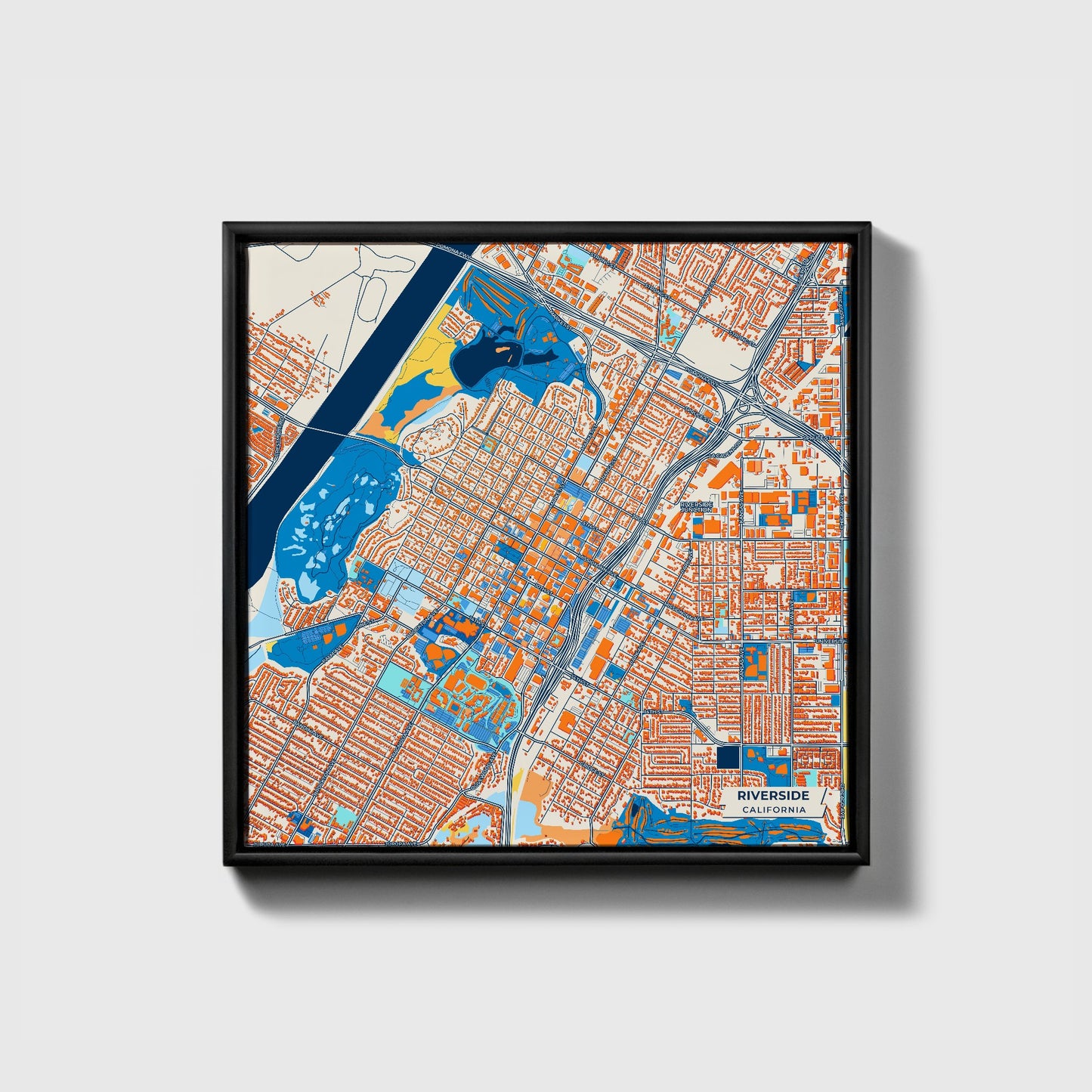 Riverside California Colorful City Map Canvas Print • Black Framed