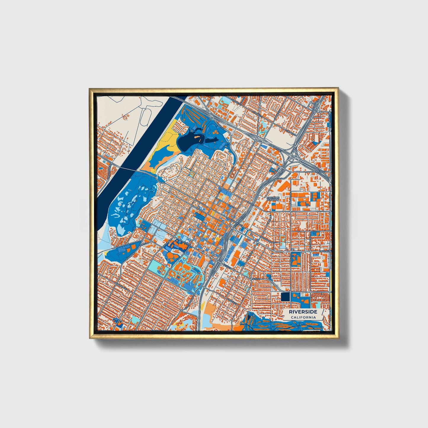 Riverside California Colorful City Map Canvas Print • Gold Framed