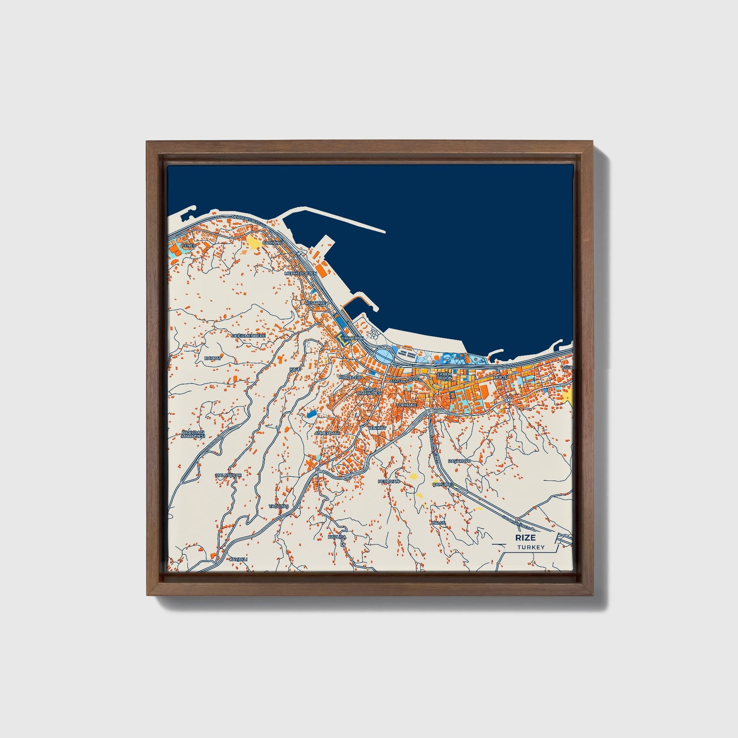 Ri̇ze Turkey Colorful City Map Canvas Print • Dark Wooden Framed