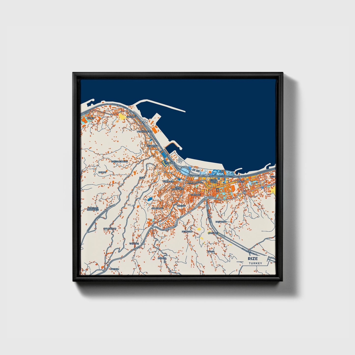 Ri̇ze Turkey Colorful City Map Canvas Print • Black Framed