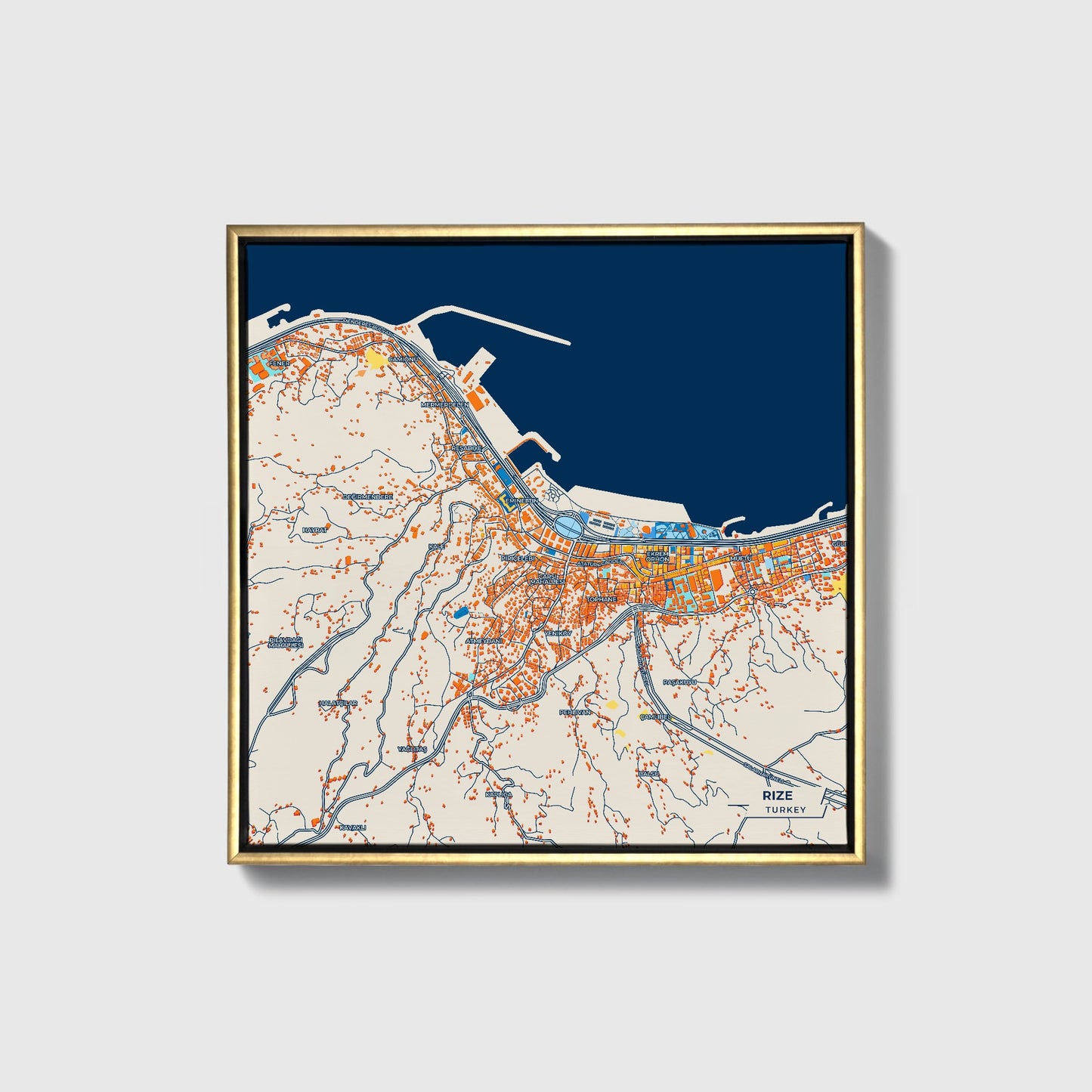 Ri̇ze Turkey Colorful City Map Canvas Print • Gold Framed