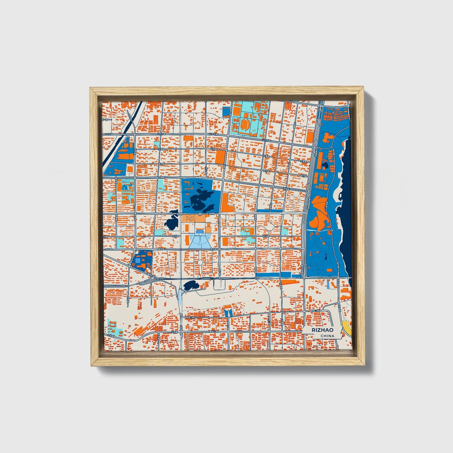 Rizhao China Colorful City Map Canvas Print • Natural Wooden Framed