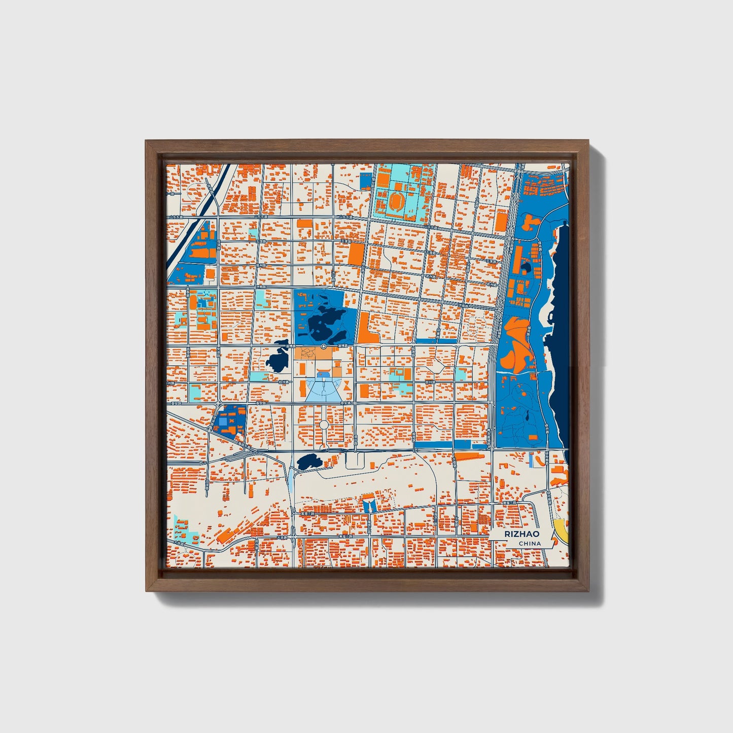 Rizhao China Colorful City Map Canvas Print • Dark Wooden Framed