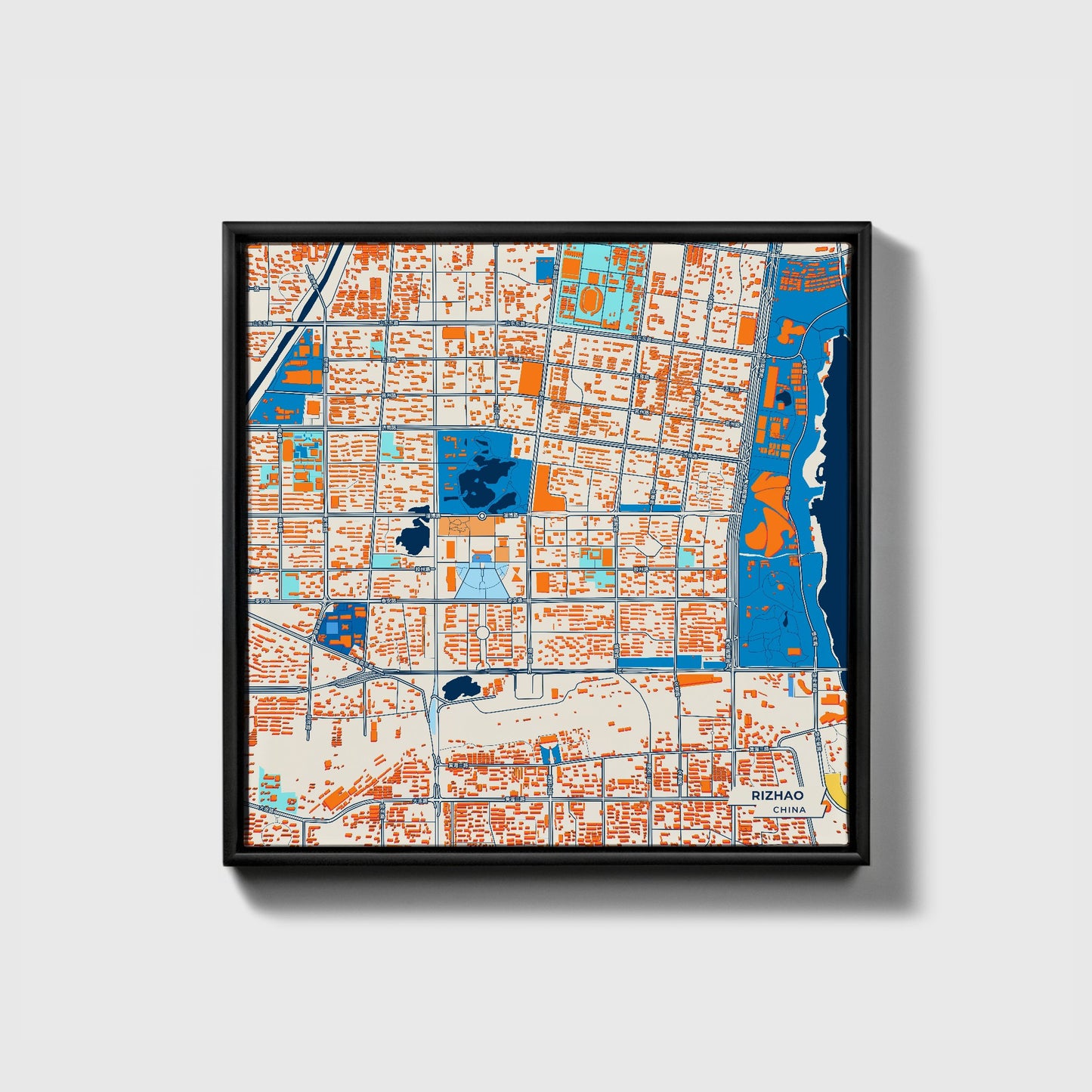 Rizhao China Colorful City Map Canvas Print • Black Framed