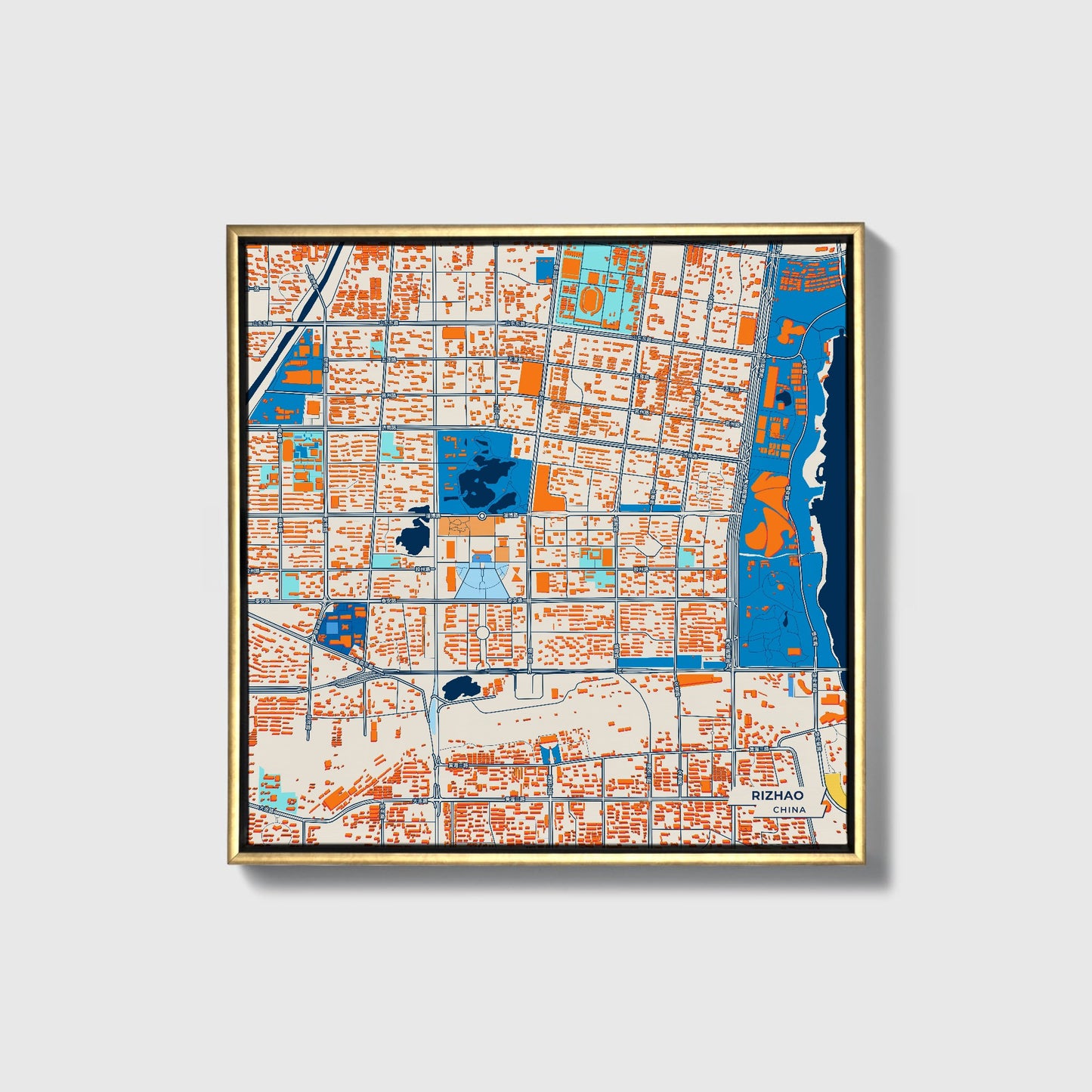 Rizhao China Colorful City Map Canvas Print • Gold Framed