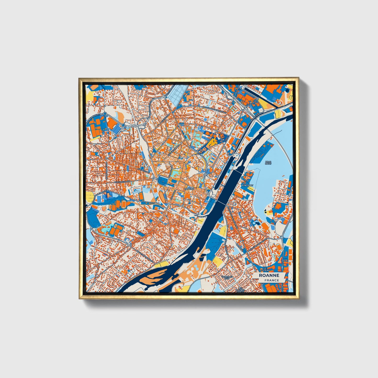 Roanne France Colorful City Map Canvas Print • Gold Framed