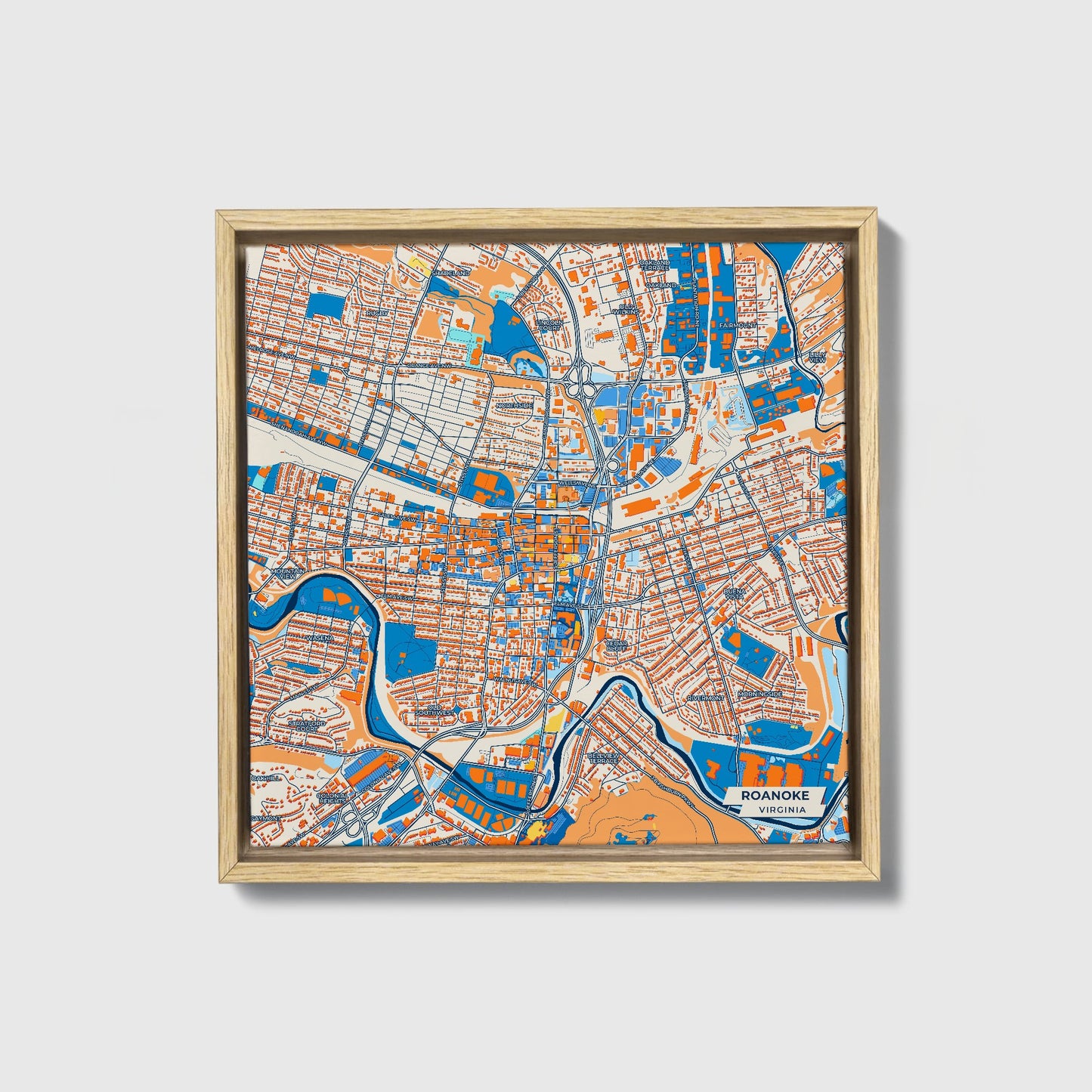 Roanoke Virginia Colorful City Map Canvas Print • Natural Wooden Framed