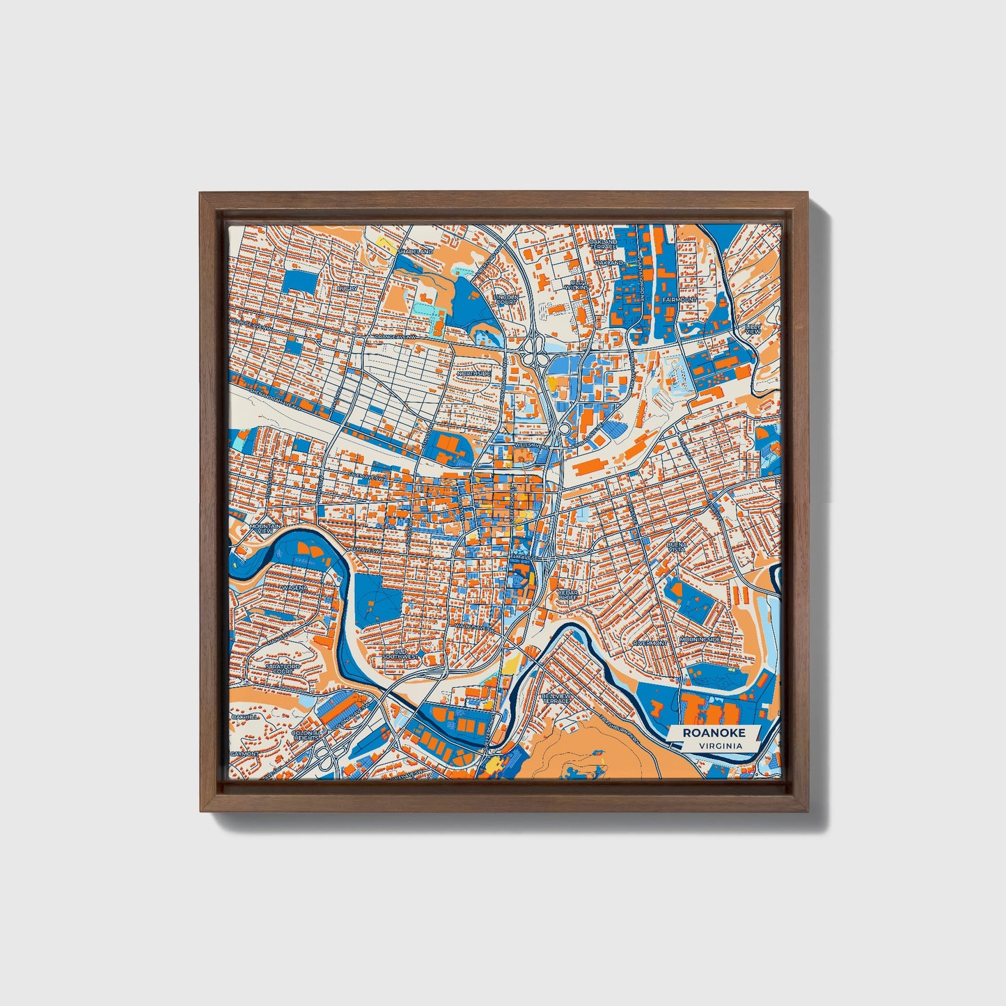 Roanoke Virginia Colorful City Map Canvas Print • Dark Wooden Framed