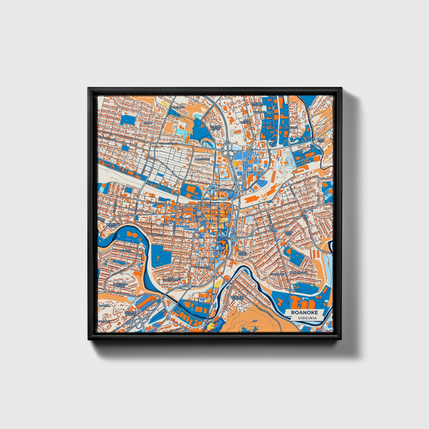 Roanoke Virginia Colorful City Map Canvas Print • Black Framed
