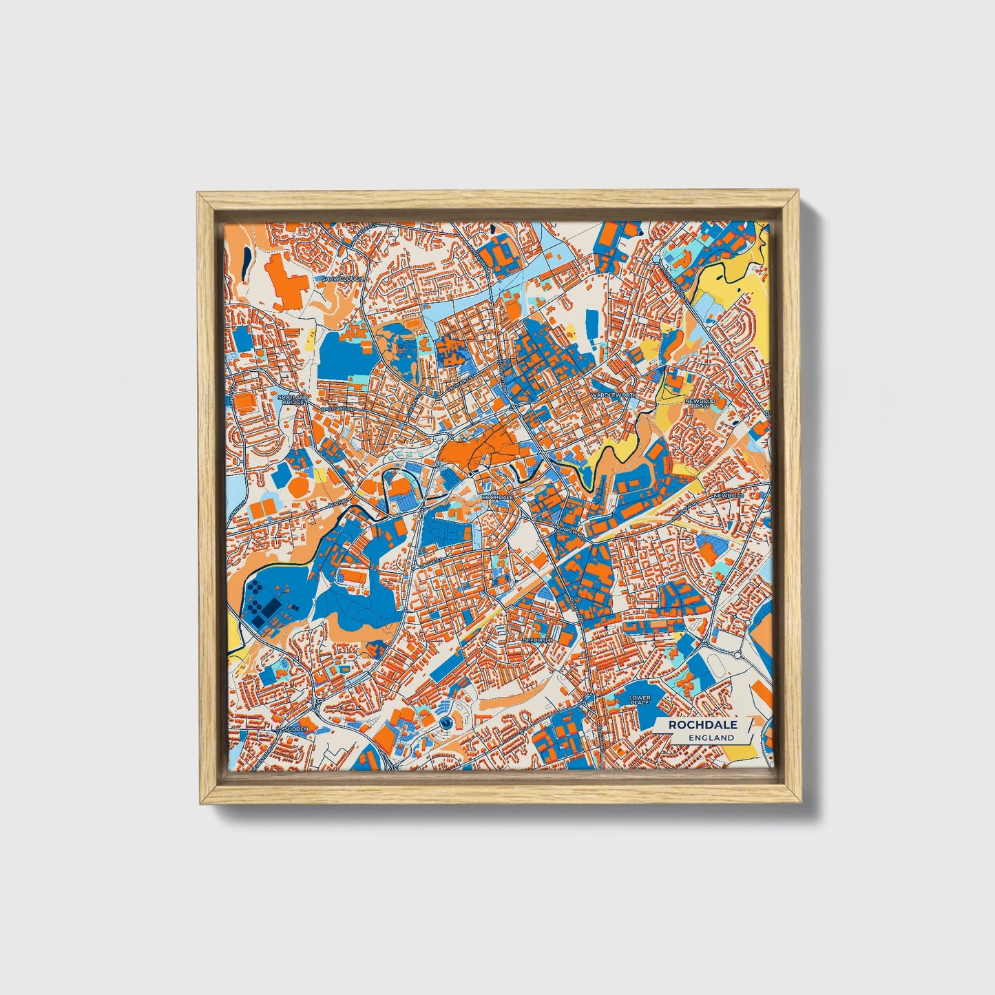 Rochdale England Colorful City Map Canvas Print • Natural Wooden Framed