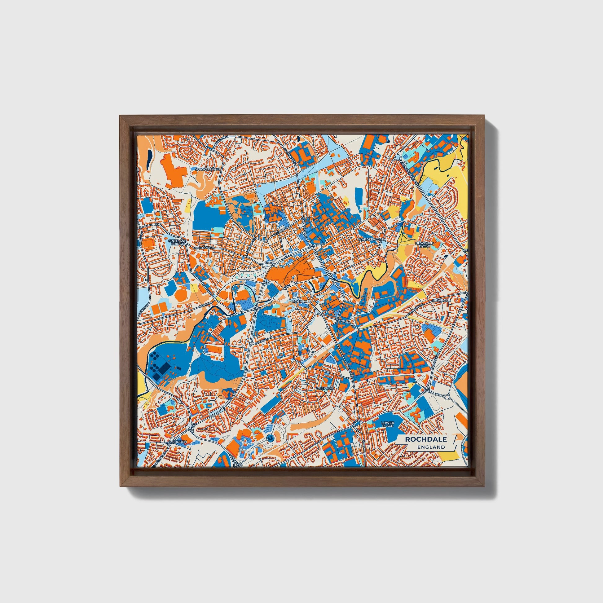 Rochdale England Colorful City Map Canvas Print • Dark Wooden Framed