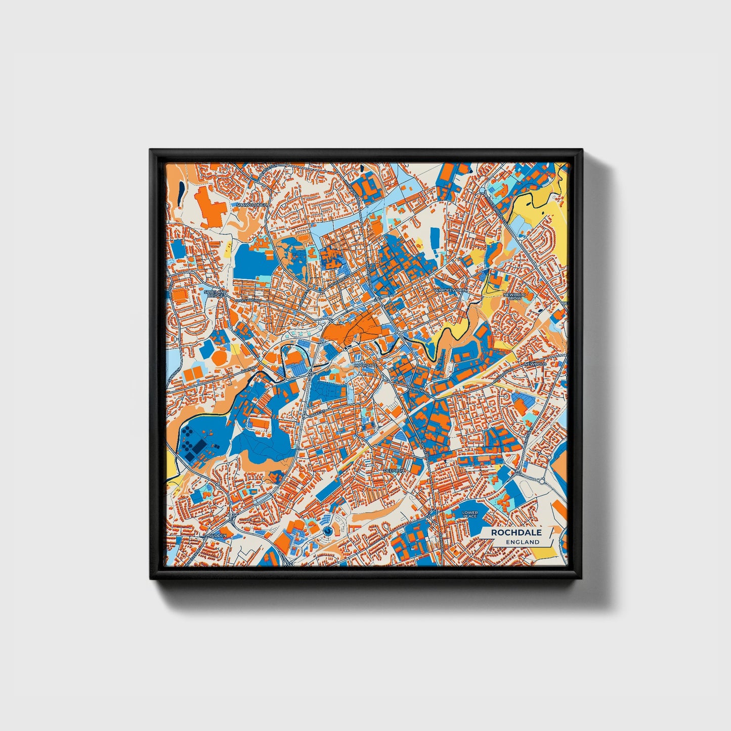 Rochdale England Colorful City Map Canvas Print • Black Framed