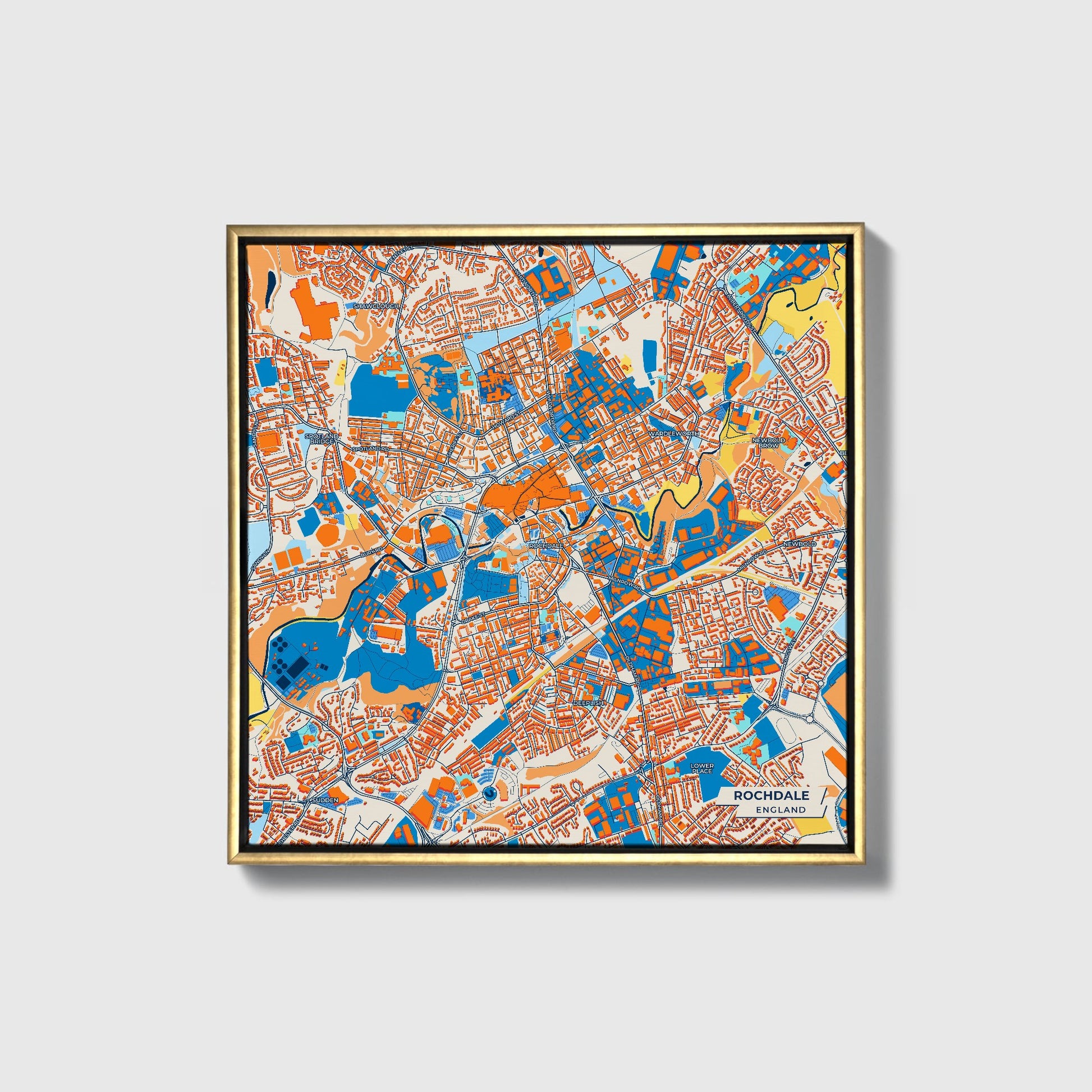Rochdale England Colorful City Map Canvas Print • Gold Framed