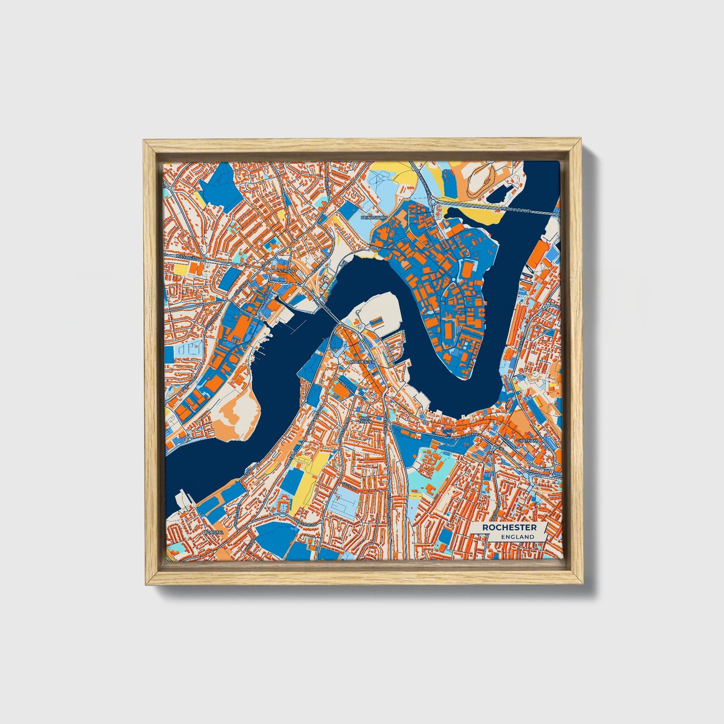 Rochester England Colorful City Map Canvas Print • Natural Wooden Framed