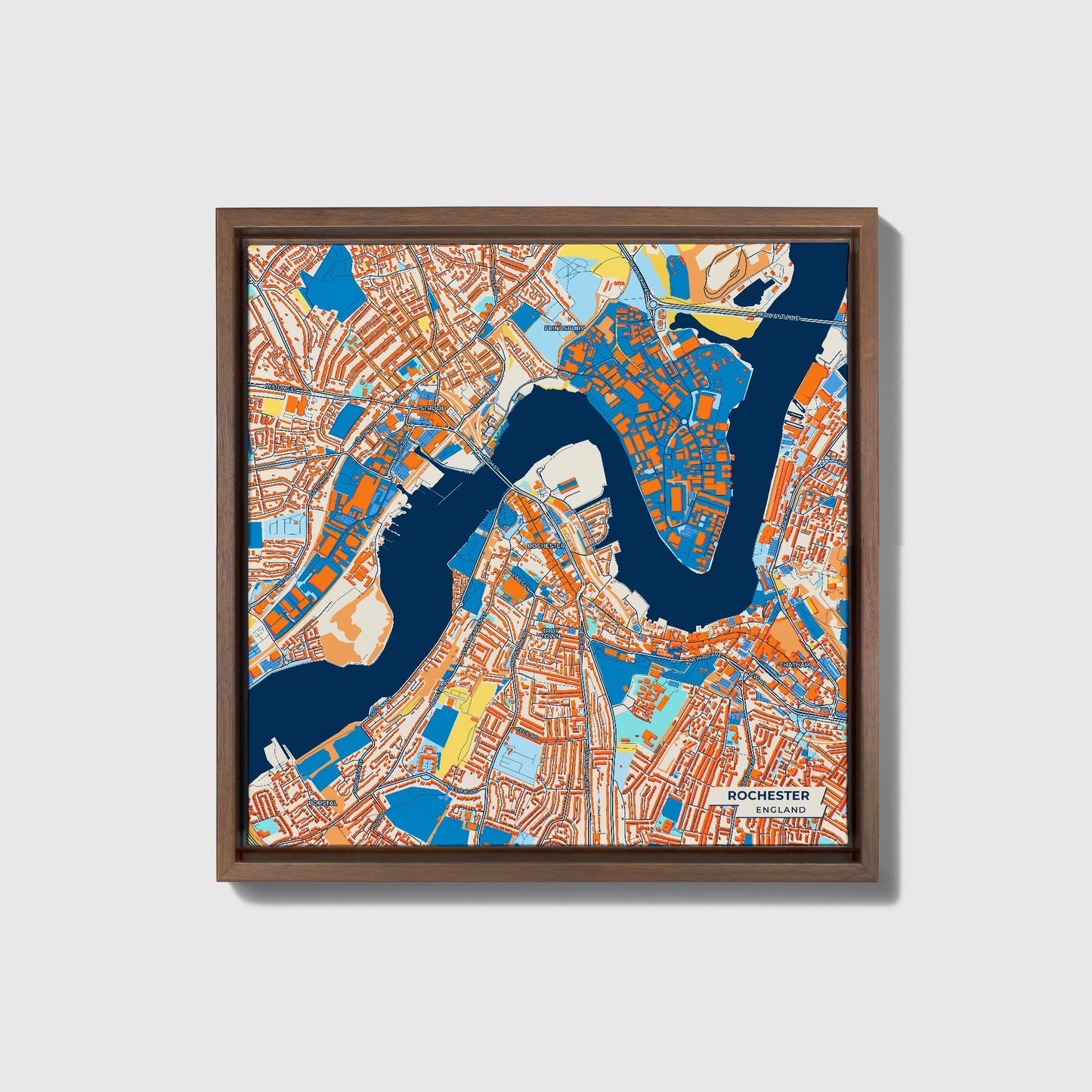 Rochester England Colorful City Map Canvas Print • Dark Wooden Framed