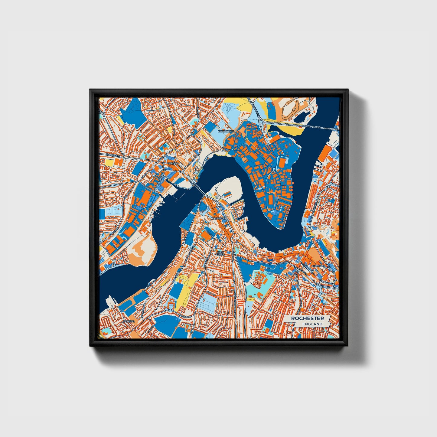 Rochester England Colorful City Map Canvas Print • Black Framed