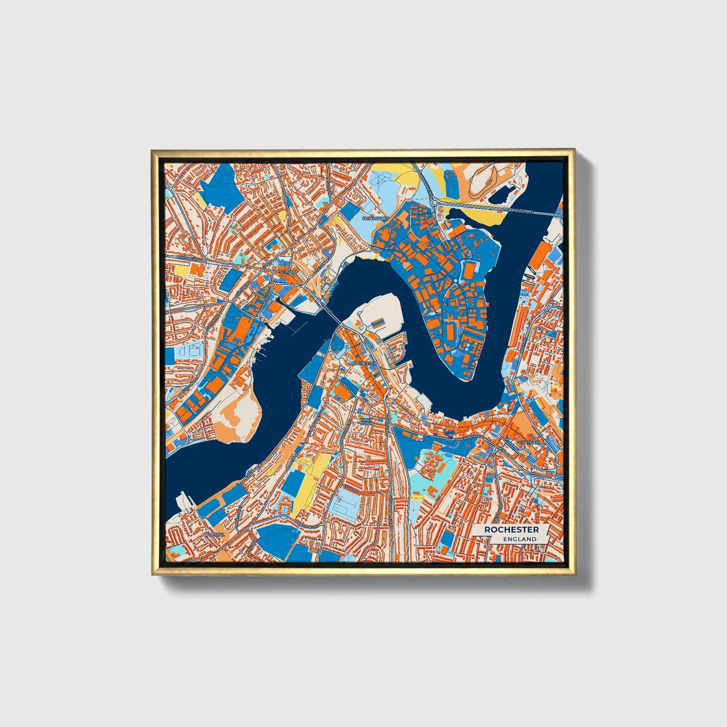 Rochester England Colorful City Map Canvas Print • Gold Framed