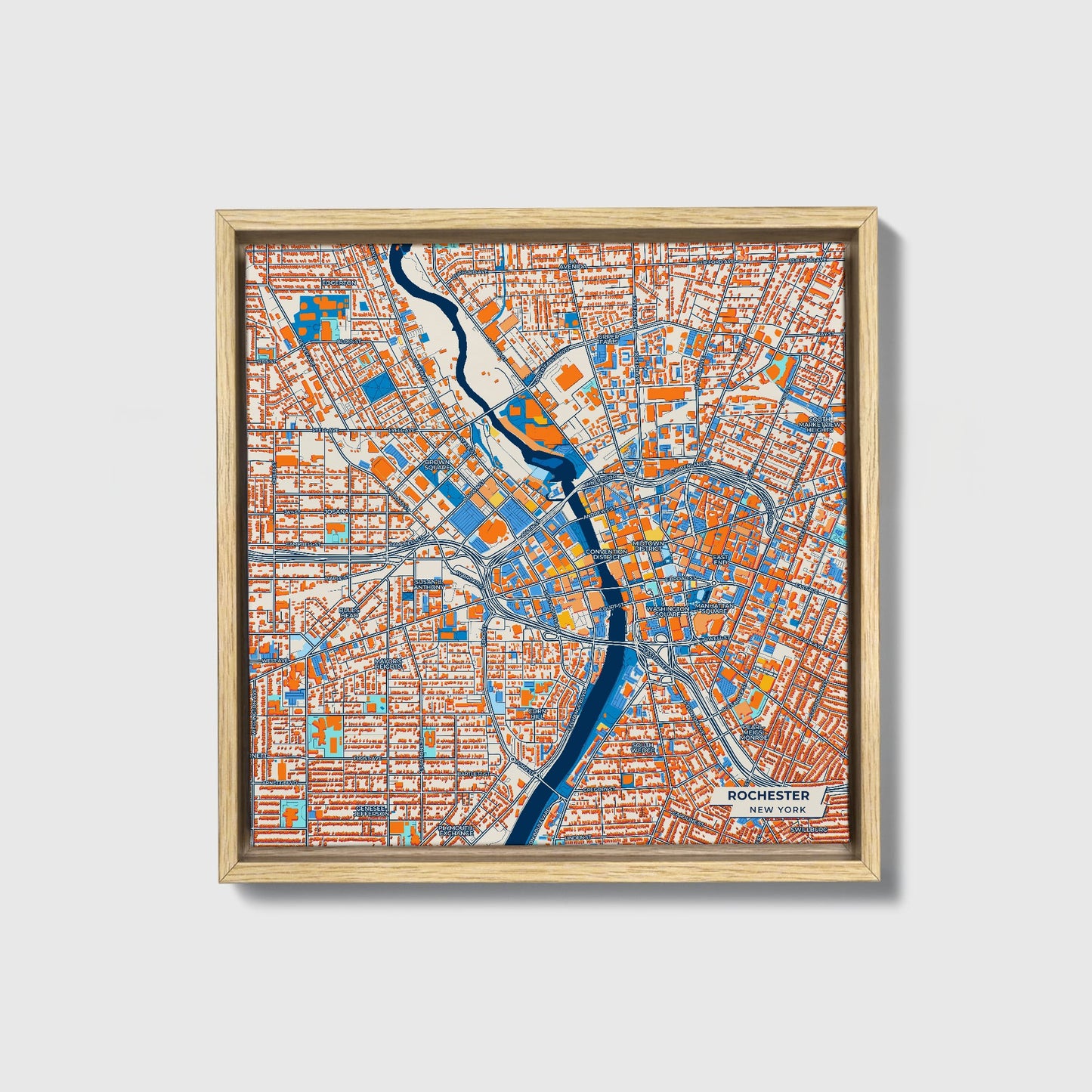 Rochester New York Colorful City Map Canvas Print • Natural Wooden Framed
