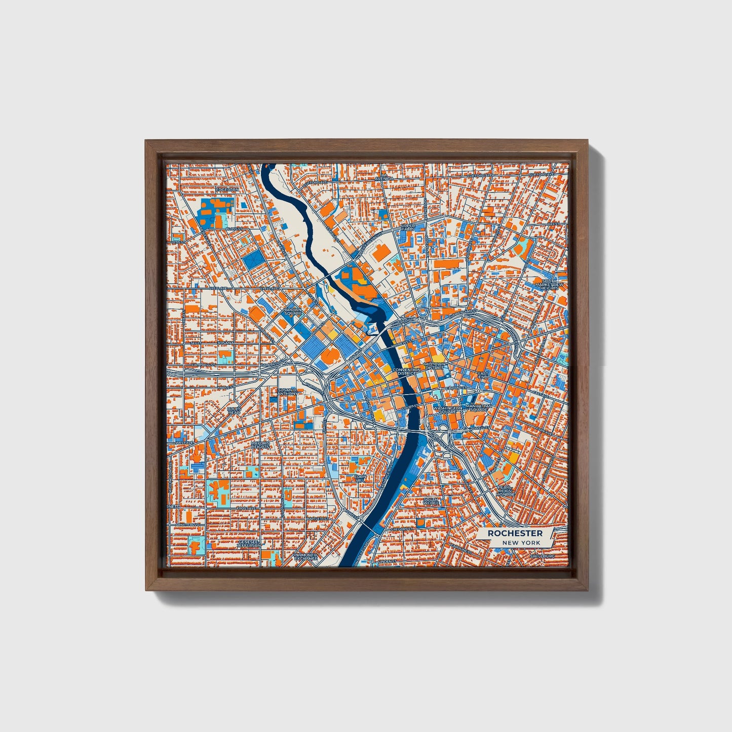 Rochester New York Colorful City Map Canvas Print • Dark Wooden Framed