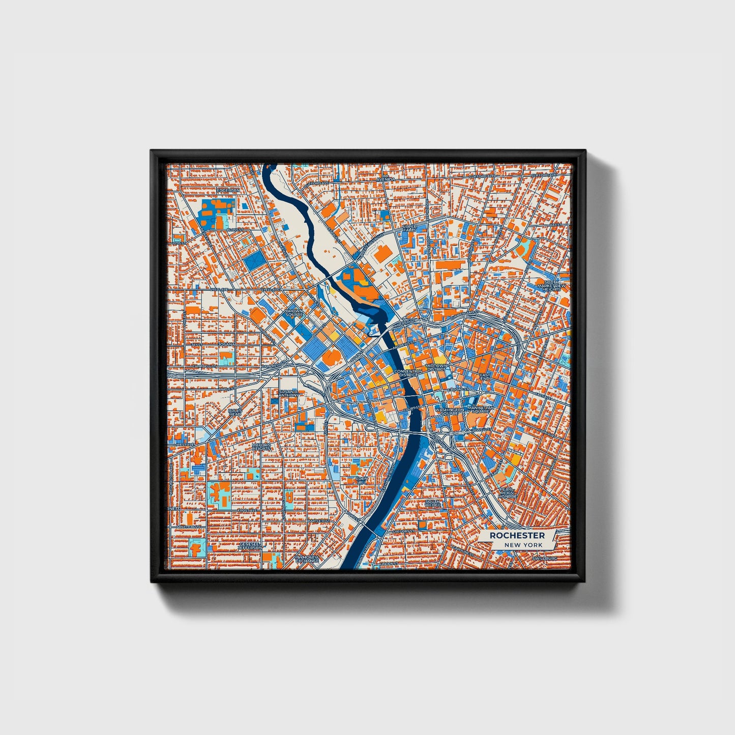 Rochester New York Colorful City Map Canvas Print • Black Framed