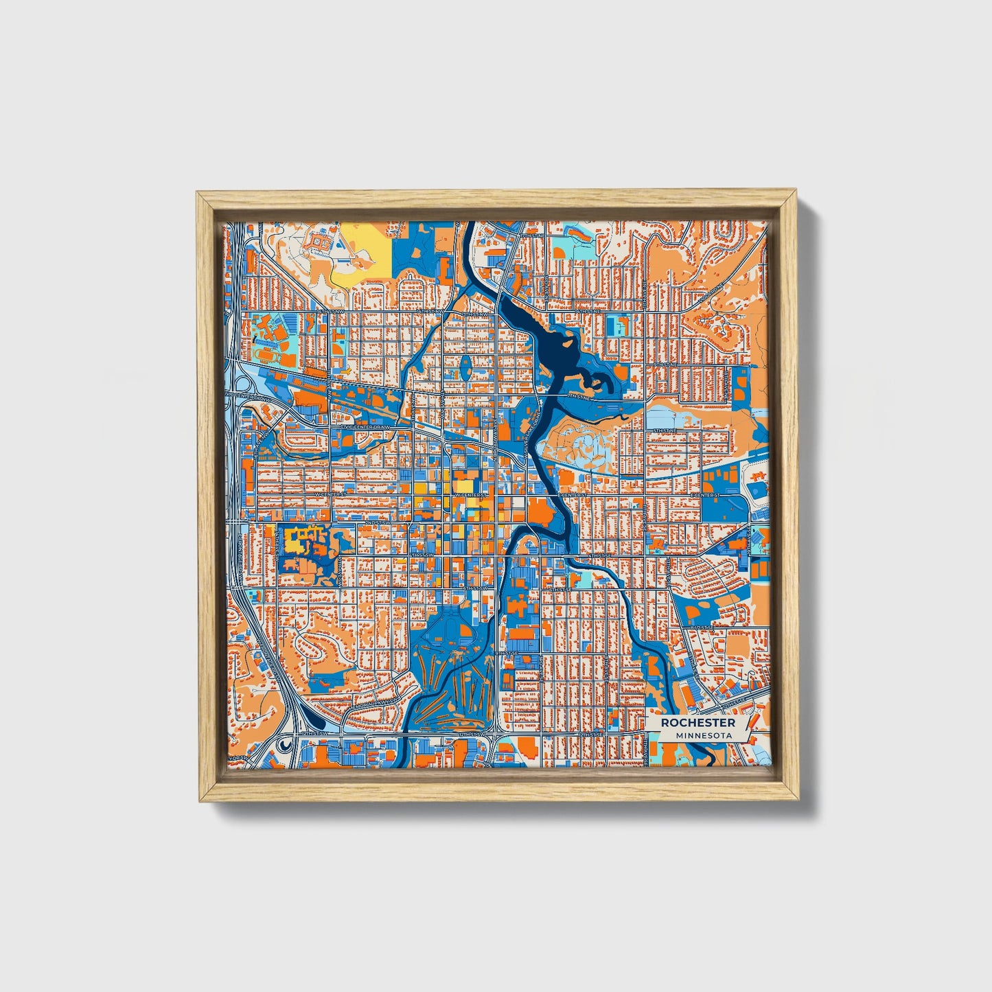 Rochester Minnesota Colorful City Map Canvas Print • Natural Wooden Framed