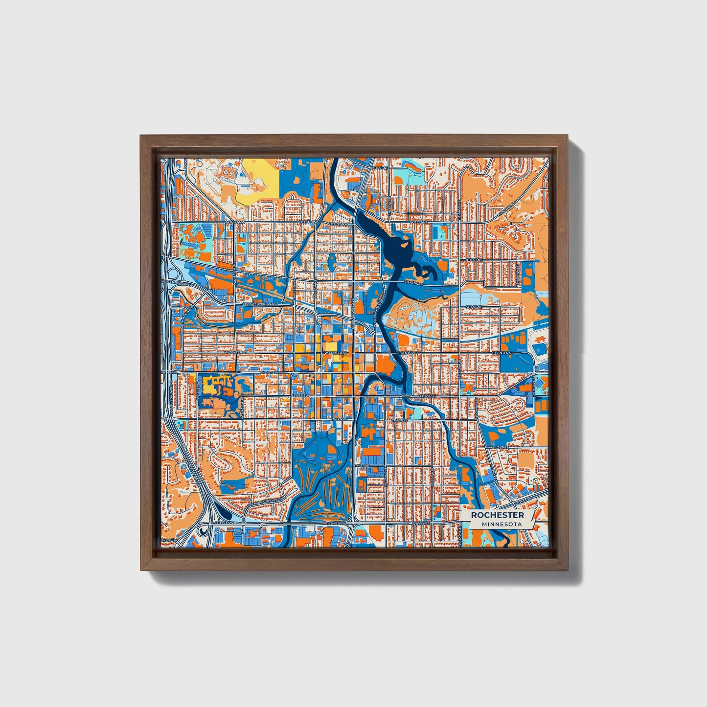 Rochester Minnesota Colorful City Map Canvas Print • Dark Wooden Framed