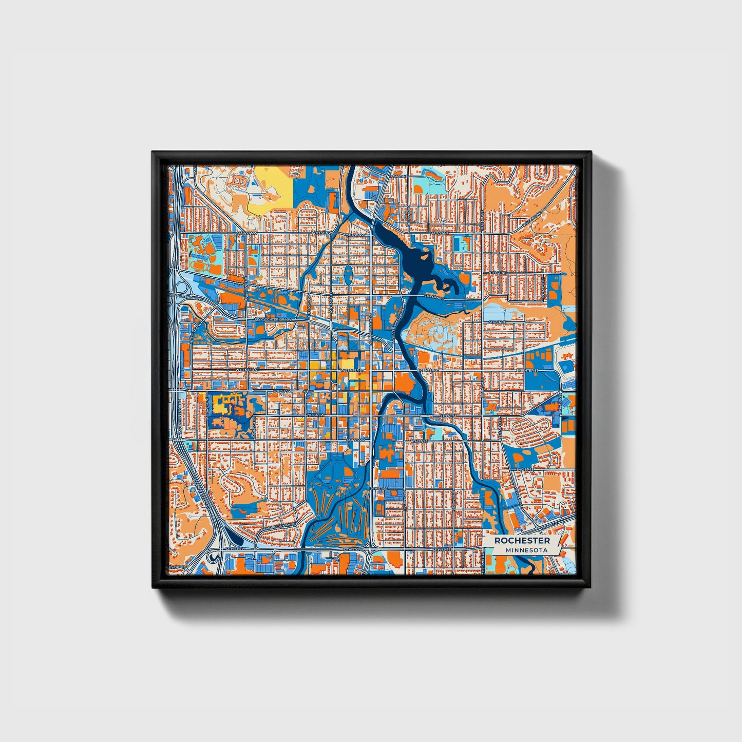 Rochester Minnesota Colorful City Map Canvas Print • Black Framed