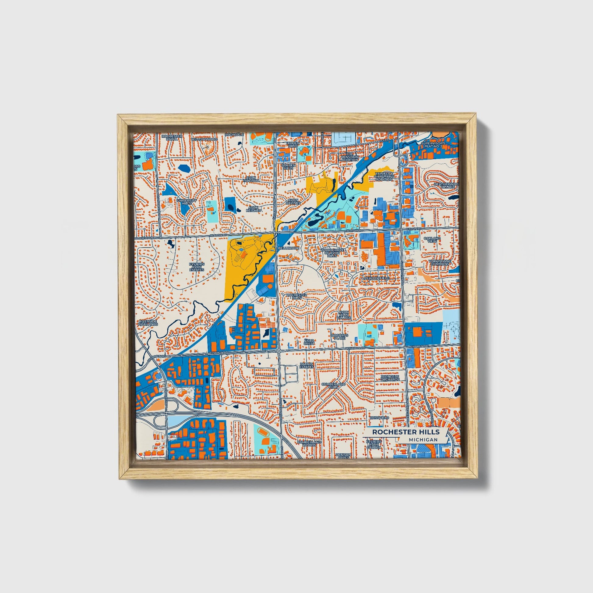 Rochester Hills Michigan Colorful City Map Canvas Print • Natural Wooden Framed