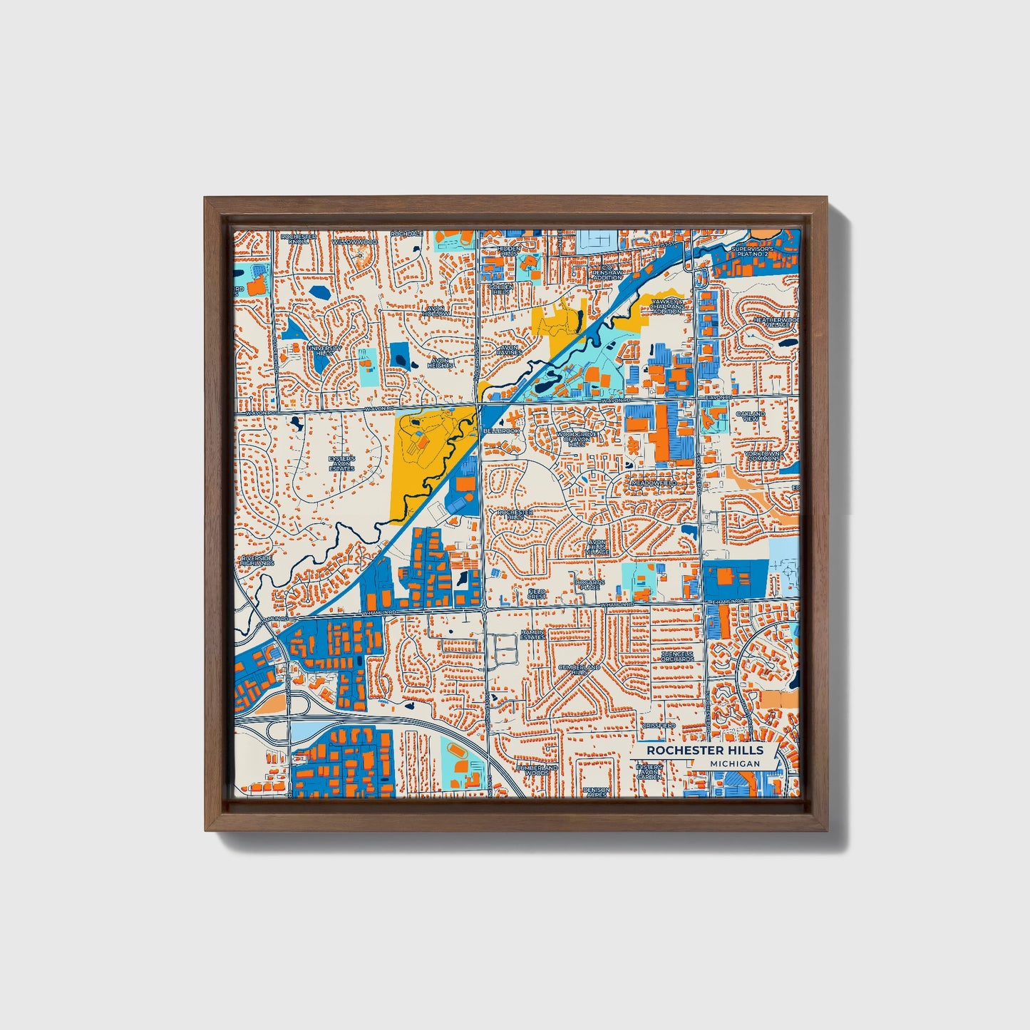 Rochester Hills Michigan Colorful City Map Canvas Print • Dark Wooden Framed