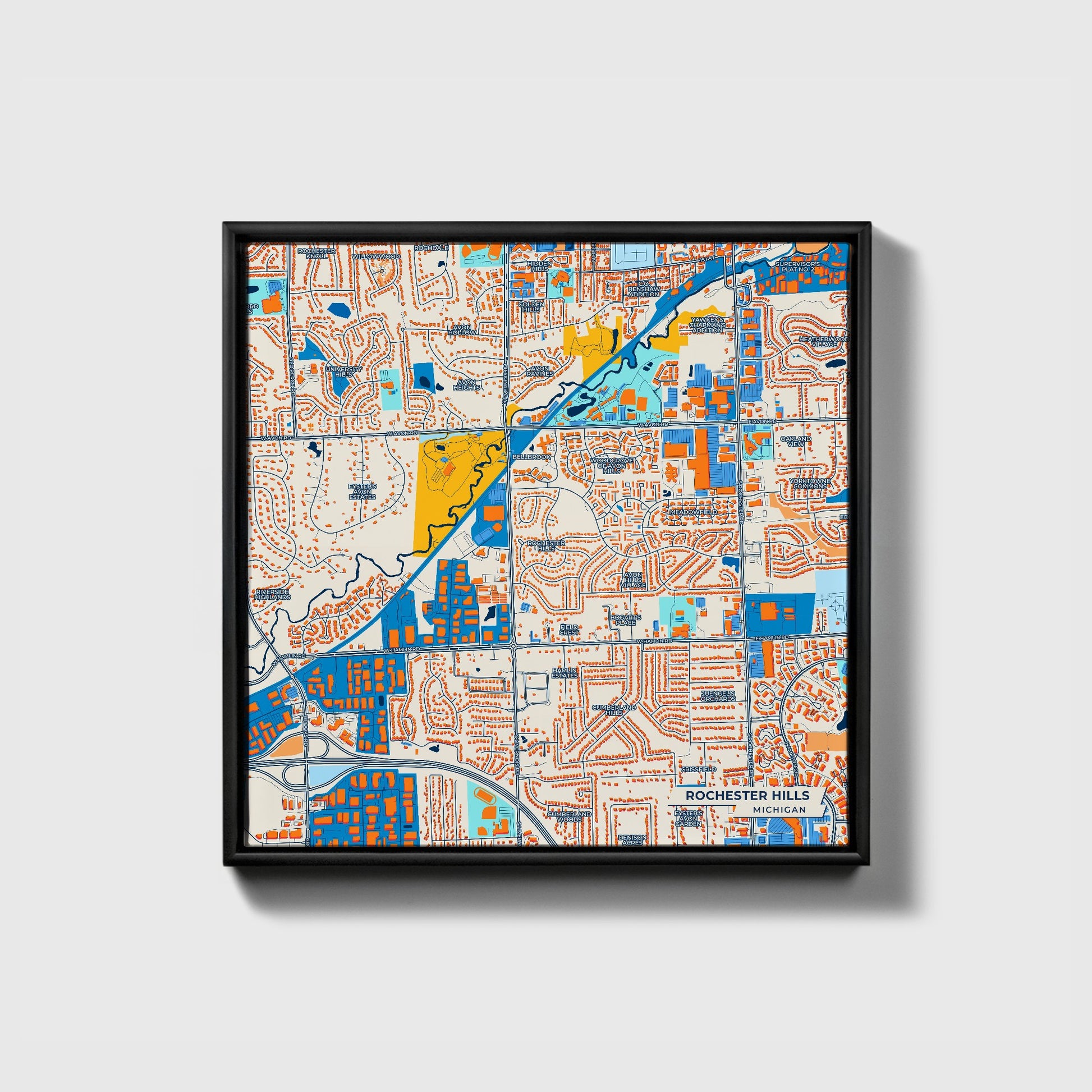 Rochester Hills Michigan Colorful City Map Canvas Print • Black Framed