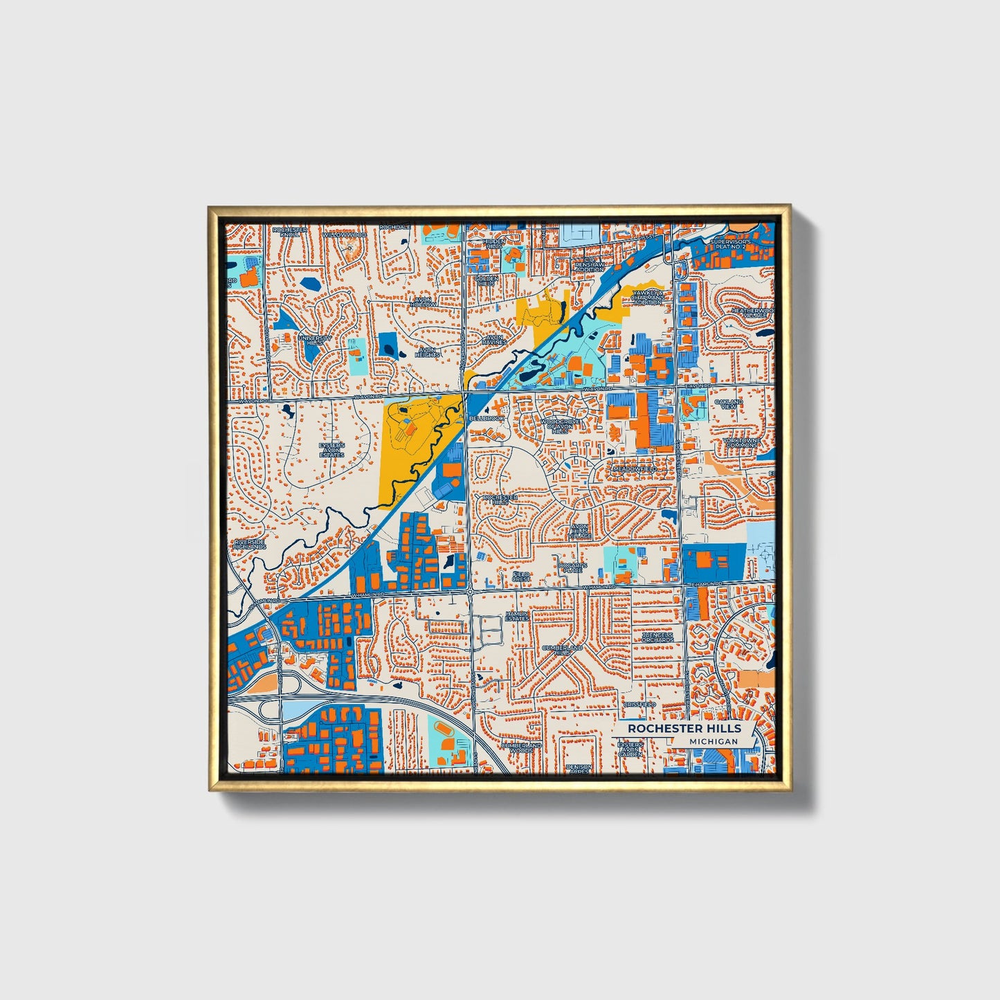 Rochester Hills Michigan Colorful City Map Canvas Print • Gold Framed