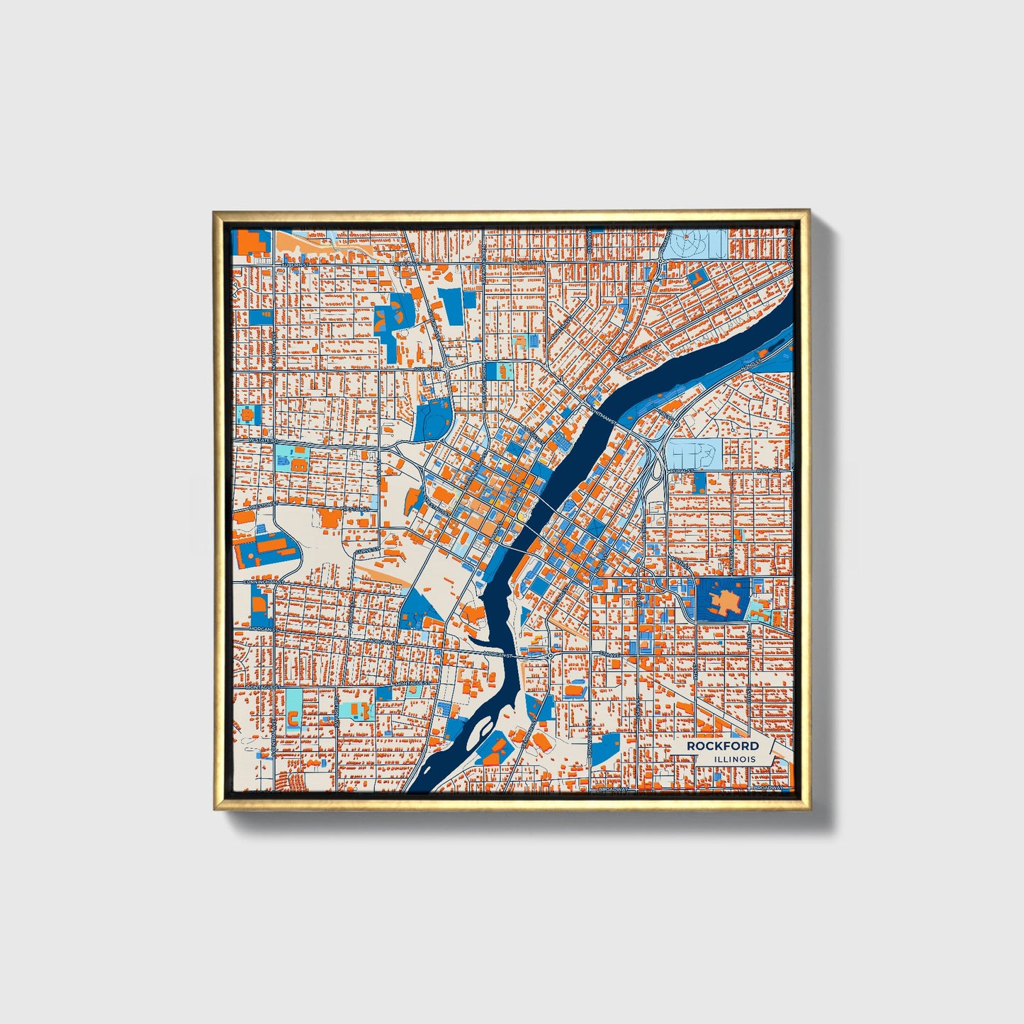 Rockford Illinois Colorful City Map Canvas Print • Gold Framed