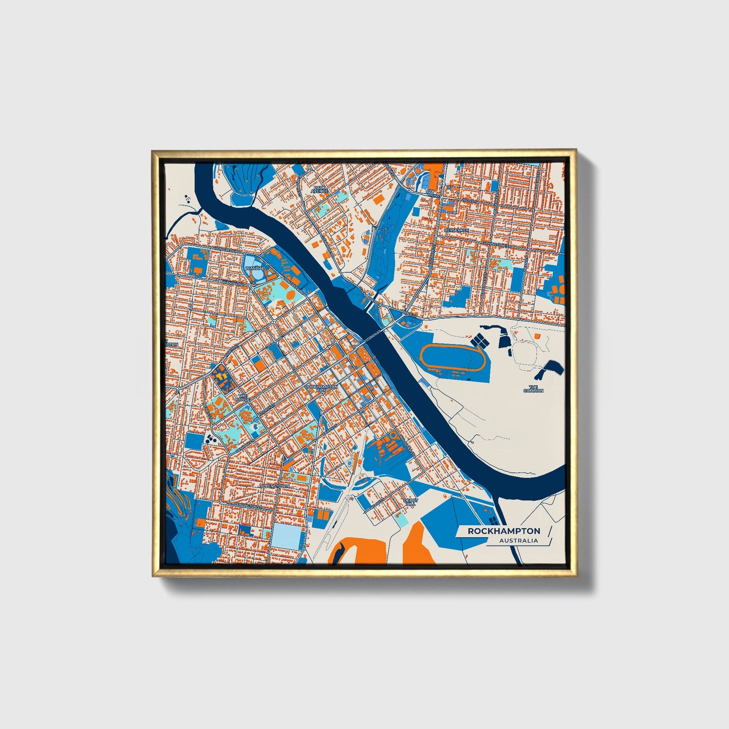 Rockhampton Australia Colorful City Map Canvas Print • Gold Framed
