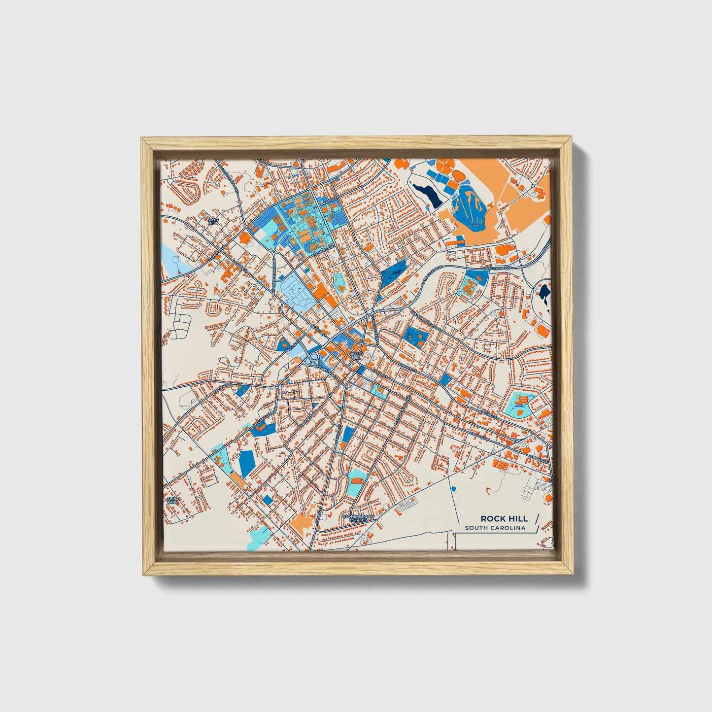 Rock Hill South Carolina Colorful City Map Canvas Print • Natural Wooden Framed