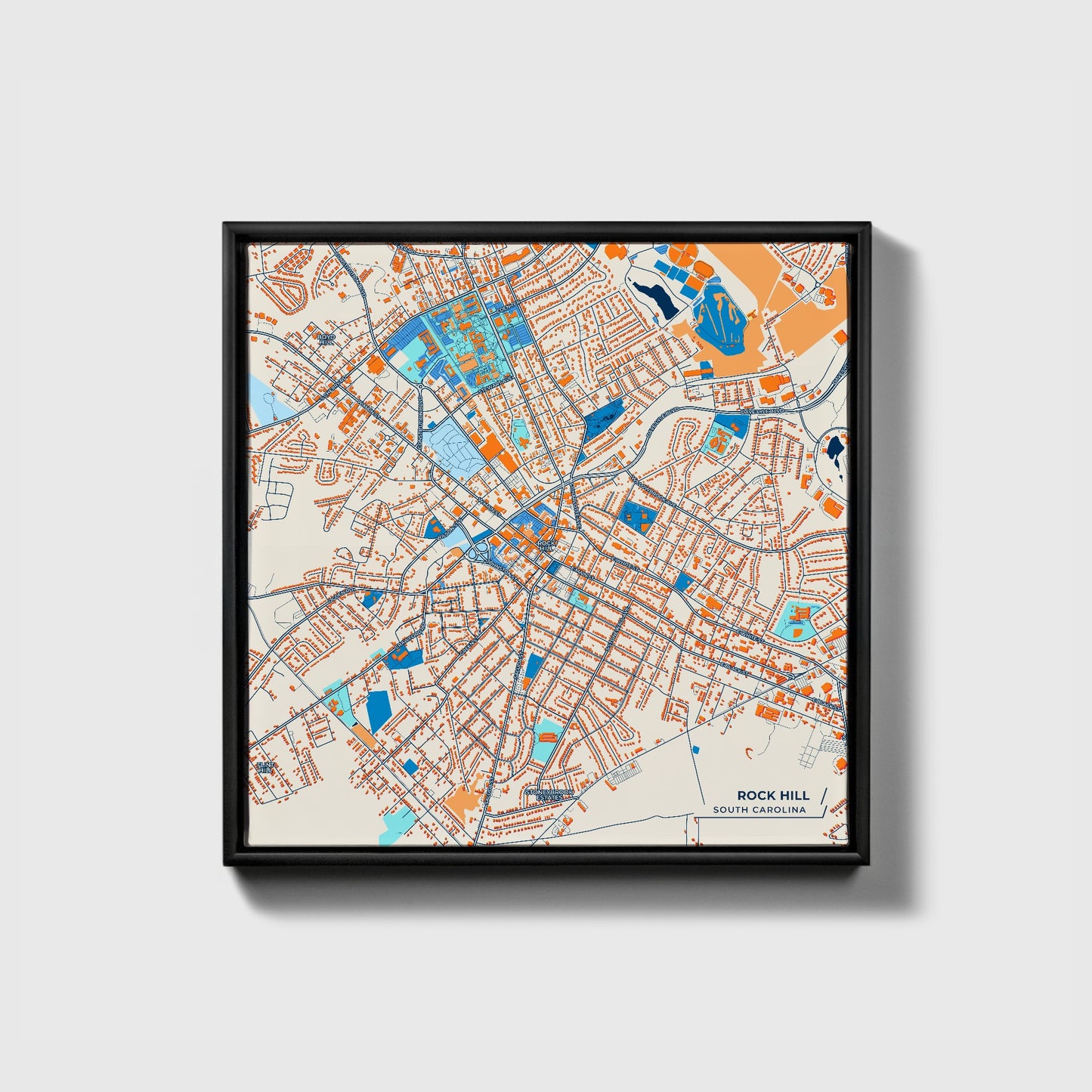 Rock Hill South Carolina Colorful City Map Canvas Print • Black Framed