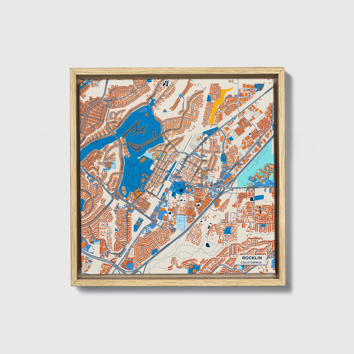 Rocklin California Colorful City Map Canvas Print • Natural Wooden Framed
