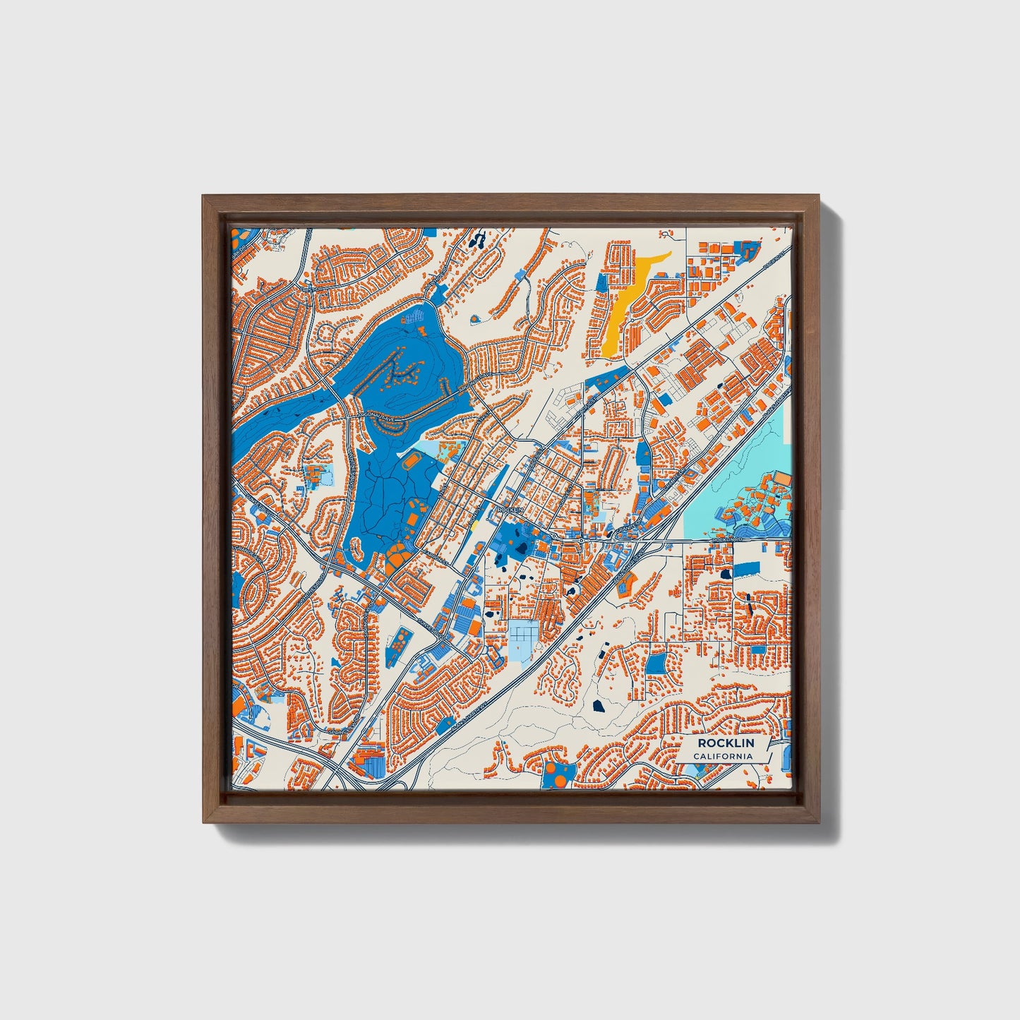 Rocklin California Colorful City Map Canvas Print • Dark Wooden Framed