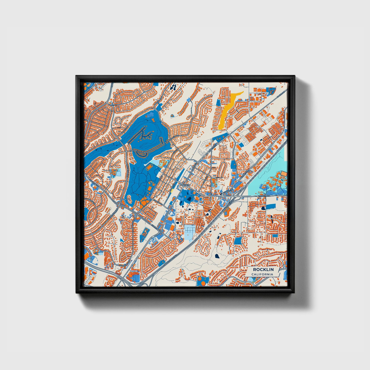 Rocklin California Colorful City Map Canvas Print • Black Framed