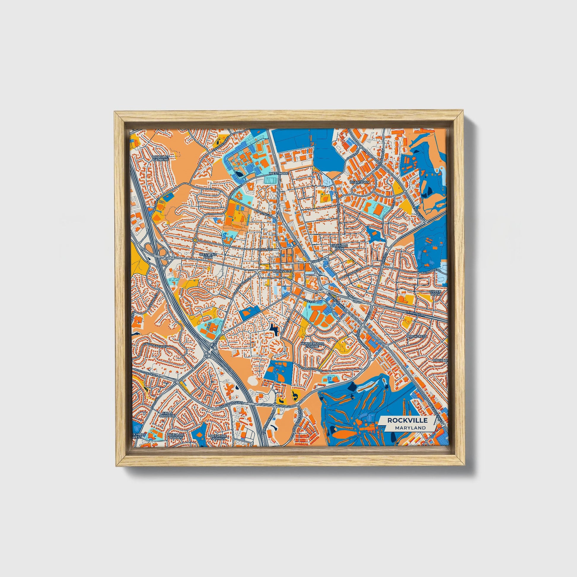 Rockville Maryland Colorful City Map Canvas Print • Natural Wooden Framed