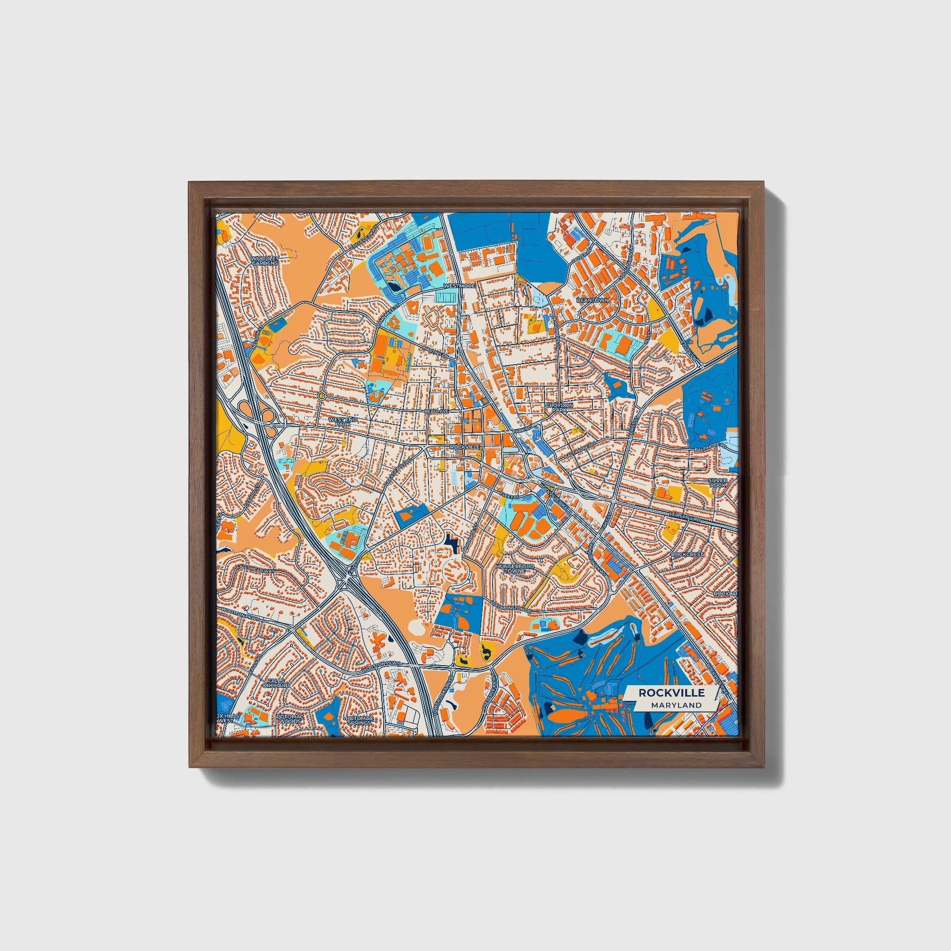 Rockville Maryland Colorful City Map Canvas Print • Dark Wooden Framed