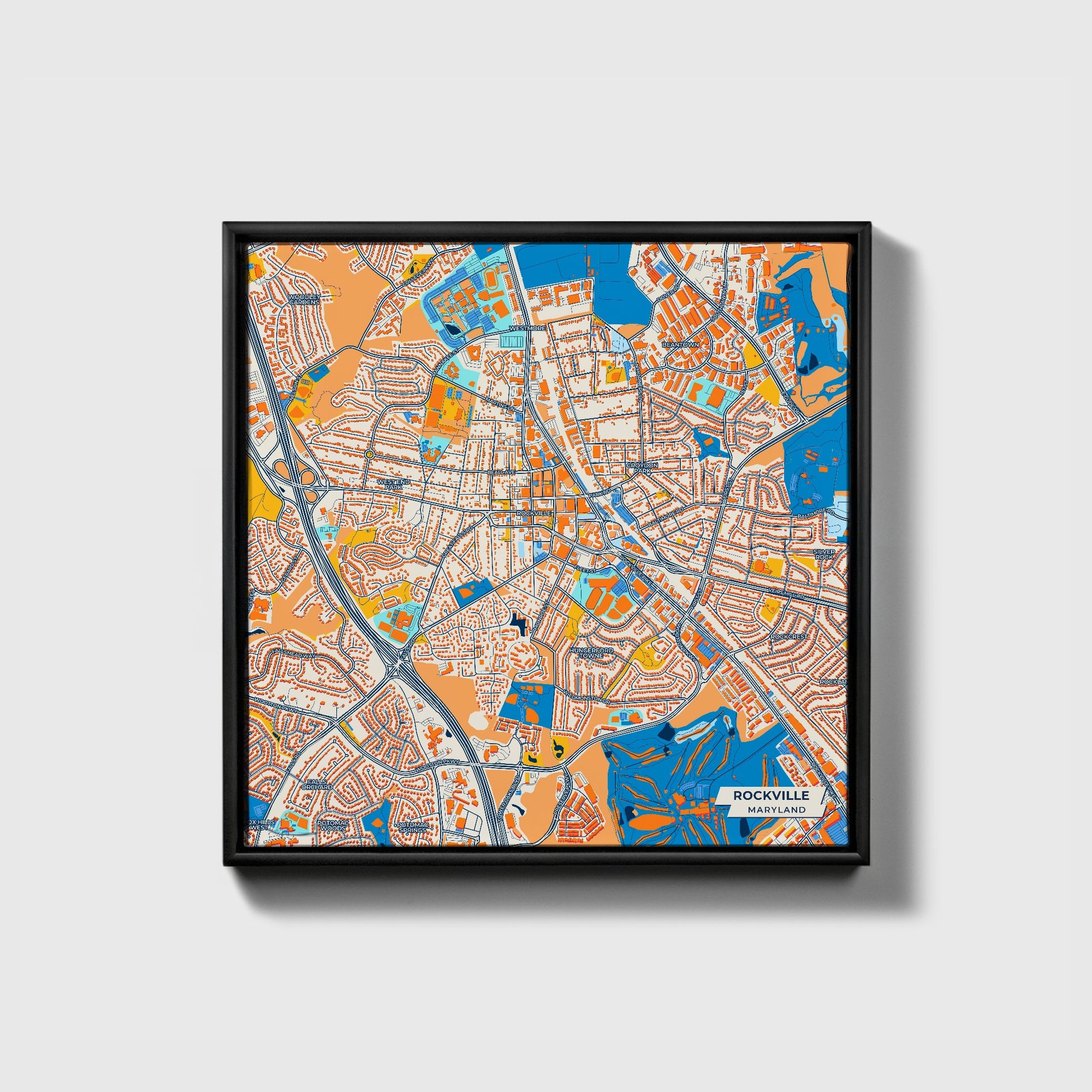 Rockville Maryland Colorful City Map Canvas Print • Black Framed