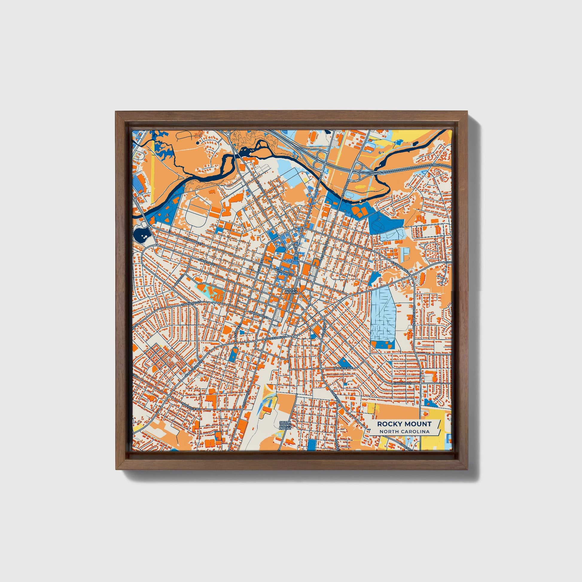 Rocky Mount North Carolina Colorful City Map Canvas Print • Dark Wooden Framed